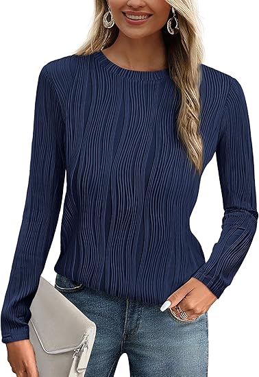 PRETTYGARDEN Long Sleeve Tops for Women 2025 Spring Fall Trendy Business Dressy Casual Shirts Crewneck Textured Blouse