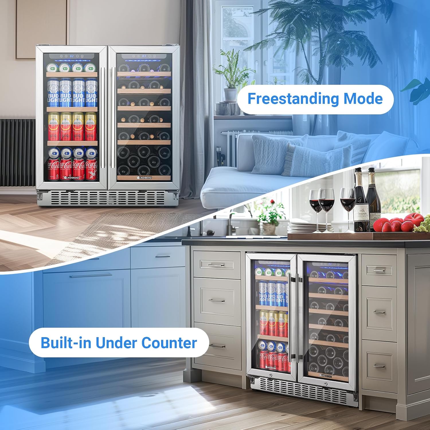 Image showing the cooler in both freestanding and built-in under counter configurations