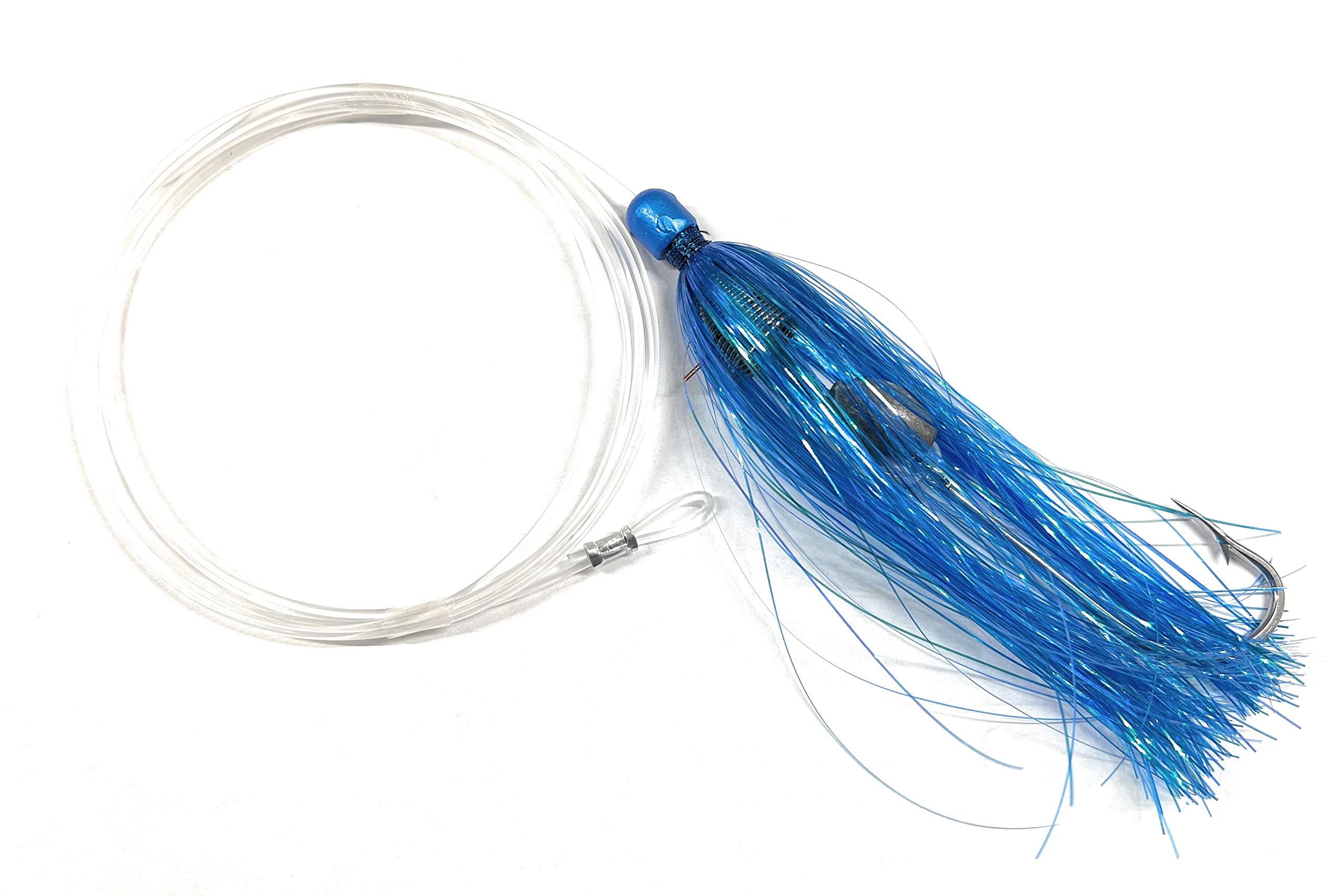 (1pc) Saltwater Fishing Ballyhoo Rig with Mylar Skirt. Dolphin Mahi Tuna Offshore Fishing Lure. 7/0 Hook, 150lb Mono, Blue Squid Skirt. Ocean Trolling Ballyhoo Rig Big Game Fishing Lure