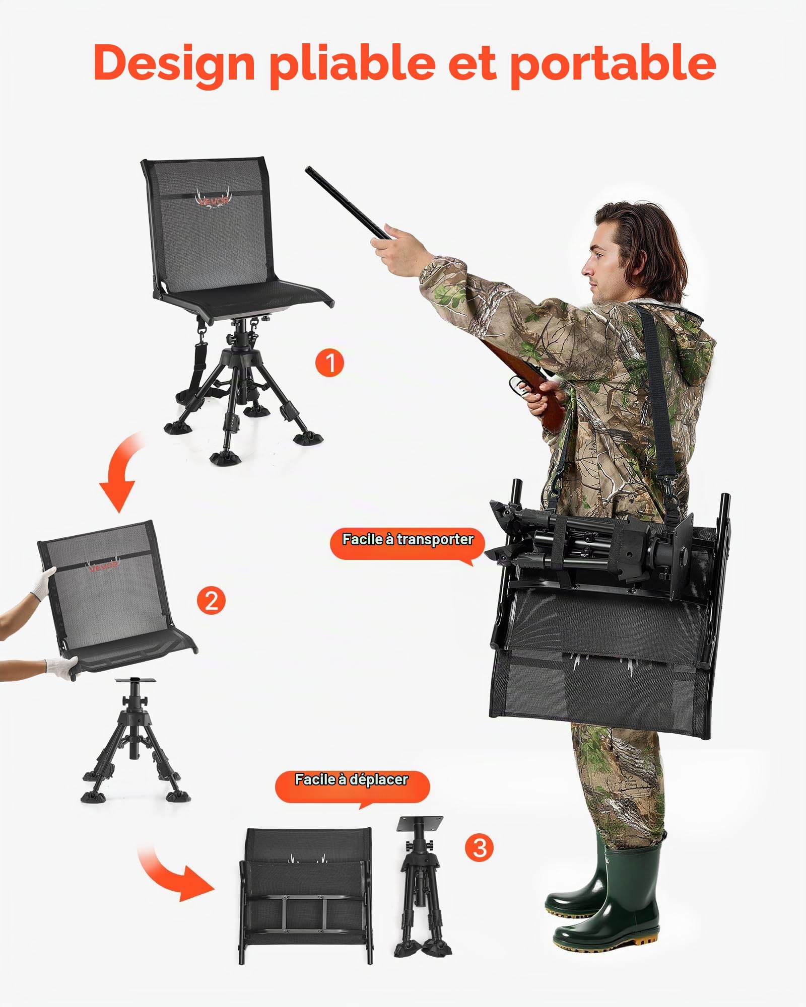 VEVOR Chaise de Chasse Silencieuse Pivotante à 360°, Siège de Chasse Pliable et Portable, Cadre en Acier Robuste, avec Pieds Anti-enfoncement, Hauteur Réglable, Capacité de 158 kg, Pêche Camping