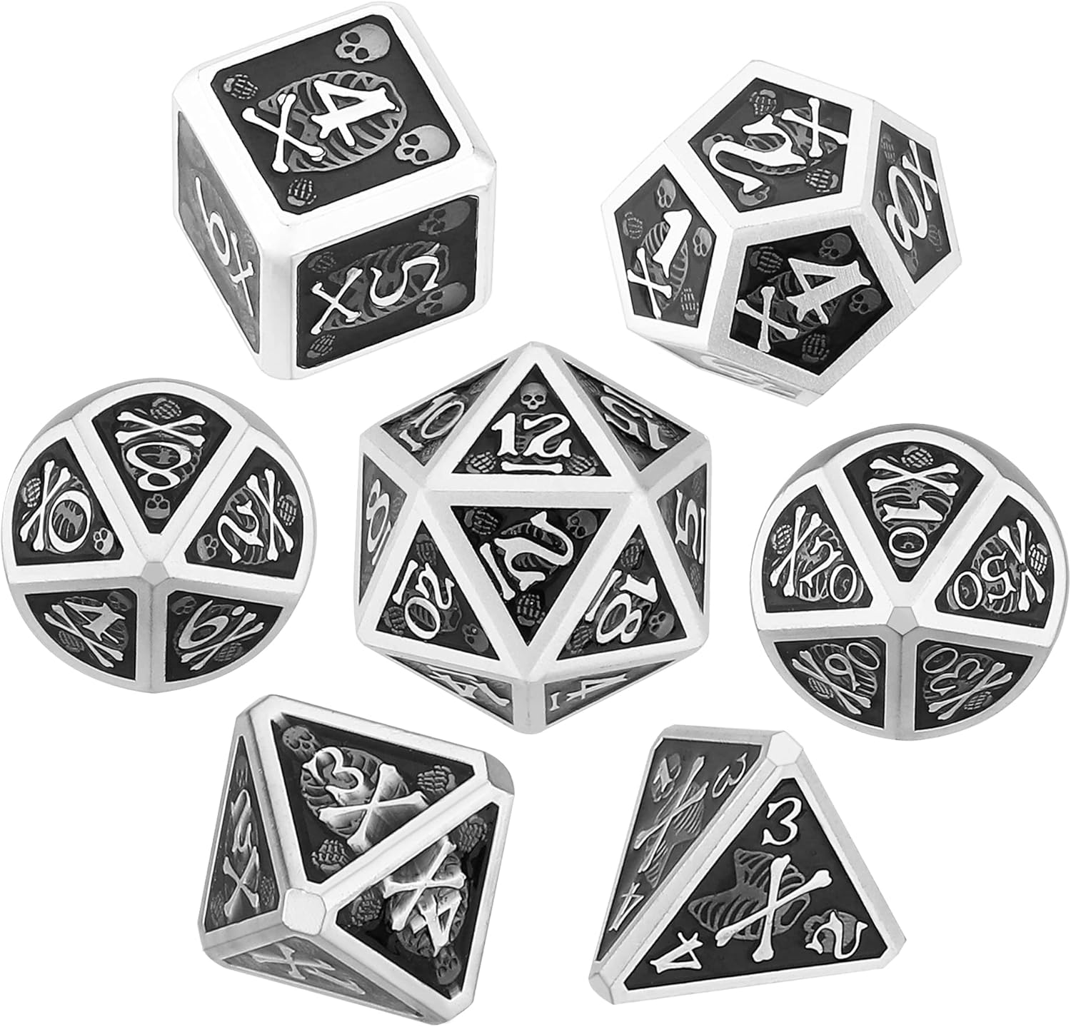 DND Metal Dice Set of 7 Pcs with Storage Box, Skull D&D