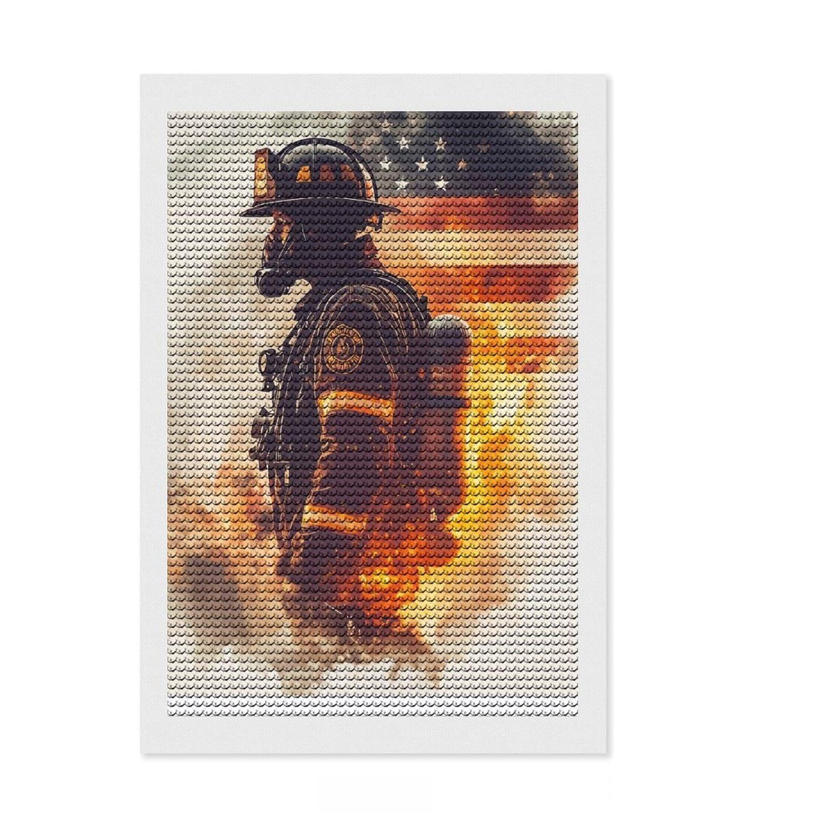 Junmoney Firefighter with American Flag Crystal Diamond Art Kit 8"x12", Wall Art Gift, Aesthetic Room Decor, Modern Decor, Decorative Artwork