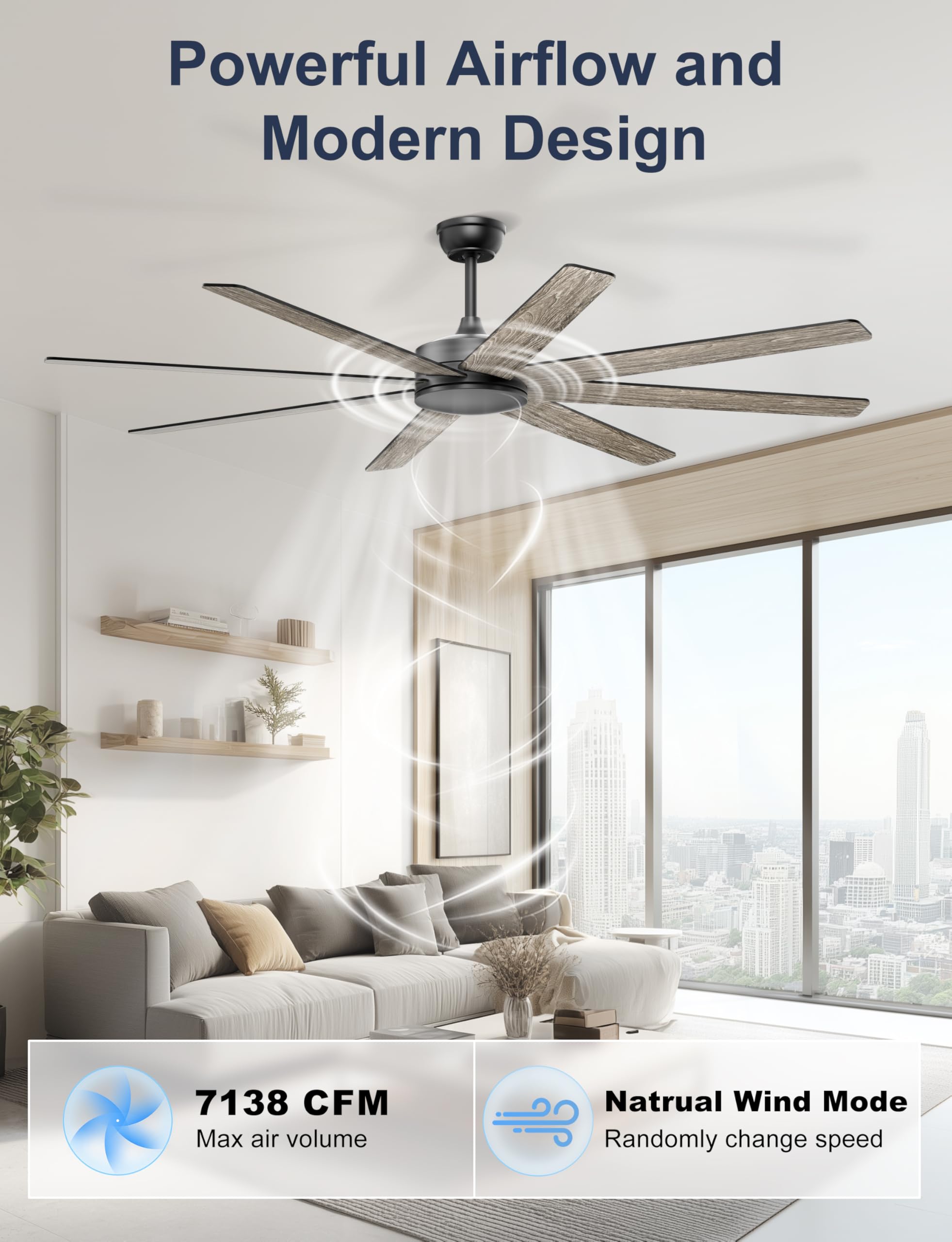 72 Large Ceiling Fans No Lights Modern Black Ceiling Fan Remote APP Control Quiet DC Motor Big Ceiling — view 4