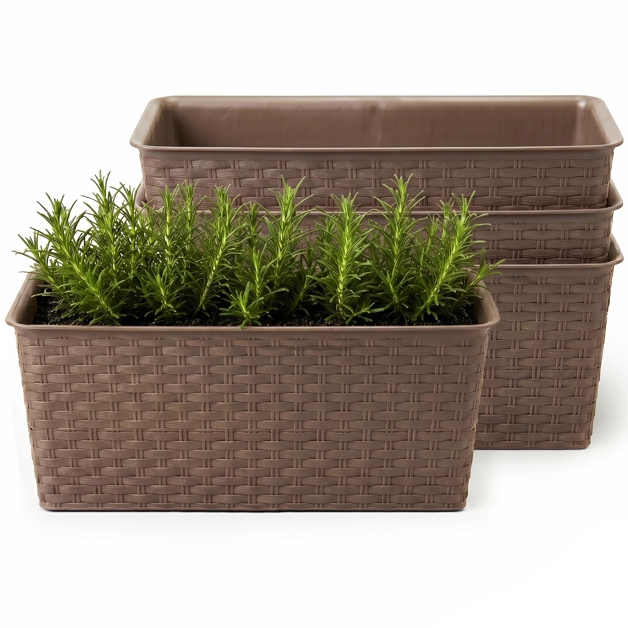 Lizzy 4 Pack Rattan Rectangle Planter Box Large Trough Flower Pot Indoor Outdoor Window Box Herb Vegetable Planter Balcony Garden Container Durable Plastic Woven Design - Sand
