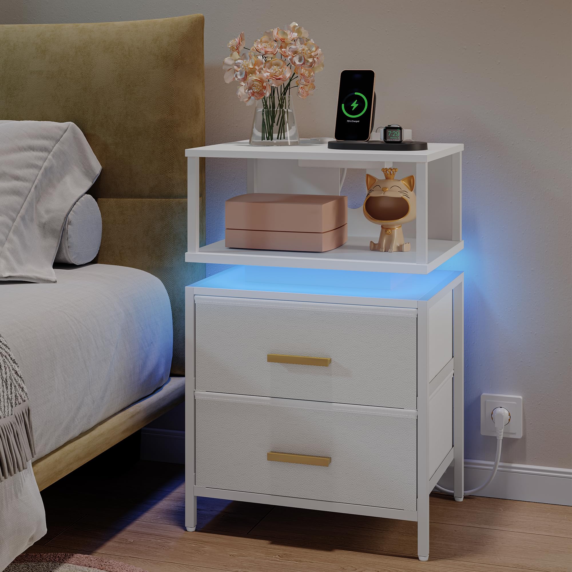 HEXCELEN Table de Chevet, Lot de 2, Table de Chevet Éclairée, 2 Tiroirs et Compartiment Ouvert, Tables d’appoint avec Ports USB et Prises, pour Chambre à Coucher, Salon, 30,1 x 40,2 x 62,1 cm Blanc