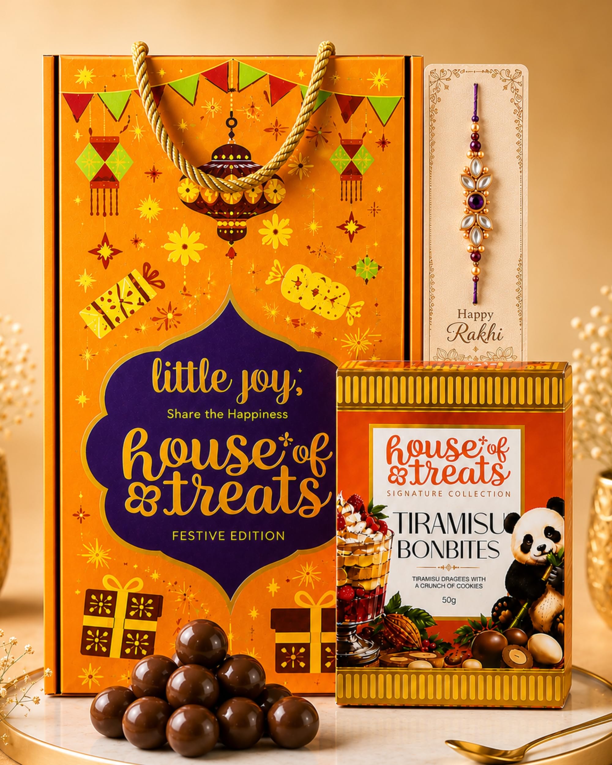HyperFoods® Rakhi Set for Brother Rakhi with Chocolate House of Treats Little Joys Chocolate gift Pack with Tiramisu BonBites Dragees 50g, Rakhis Roli & Rice Gift Hamper for Brother