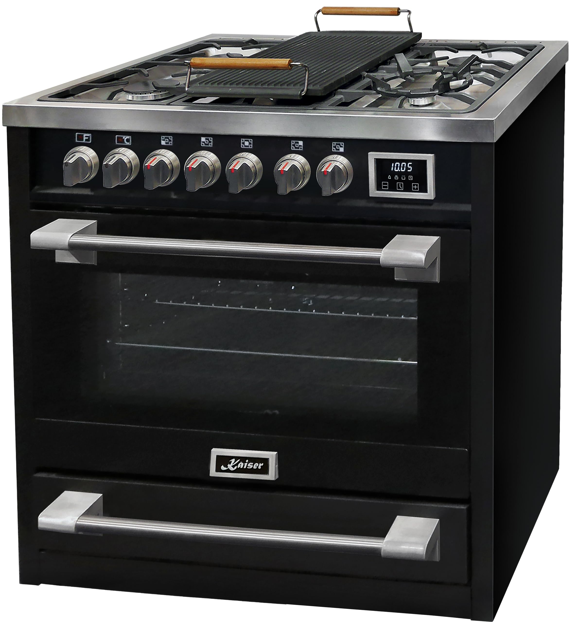 Kaiser HGE 93505 S Turbo · Gas Elektro Standherd 90 cm · Freistehender Range Cooker · Gaskochfeld 5 Zonen mit 4,5 kW WOK · XXL Elektro-Backofen 115 L · 8 Funktionen · Erdgas/Propangas