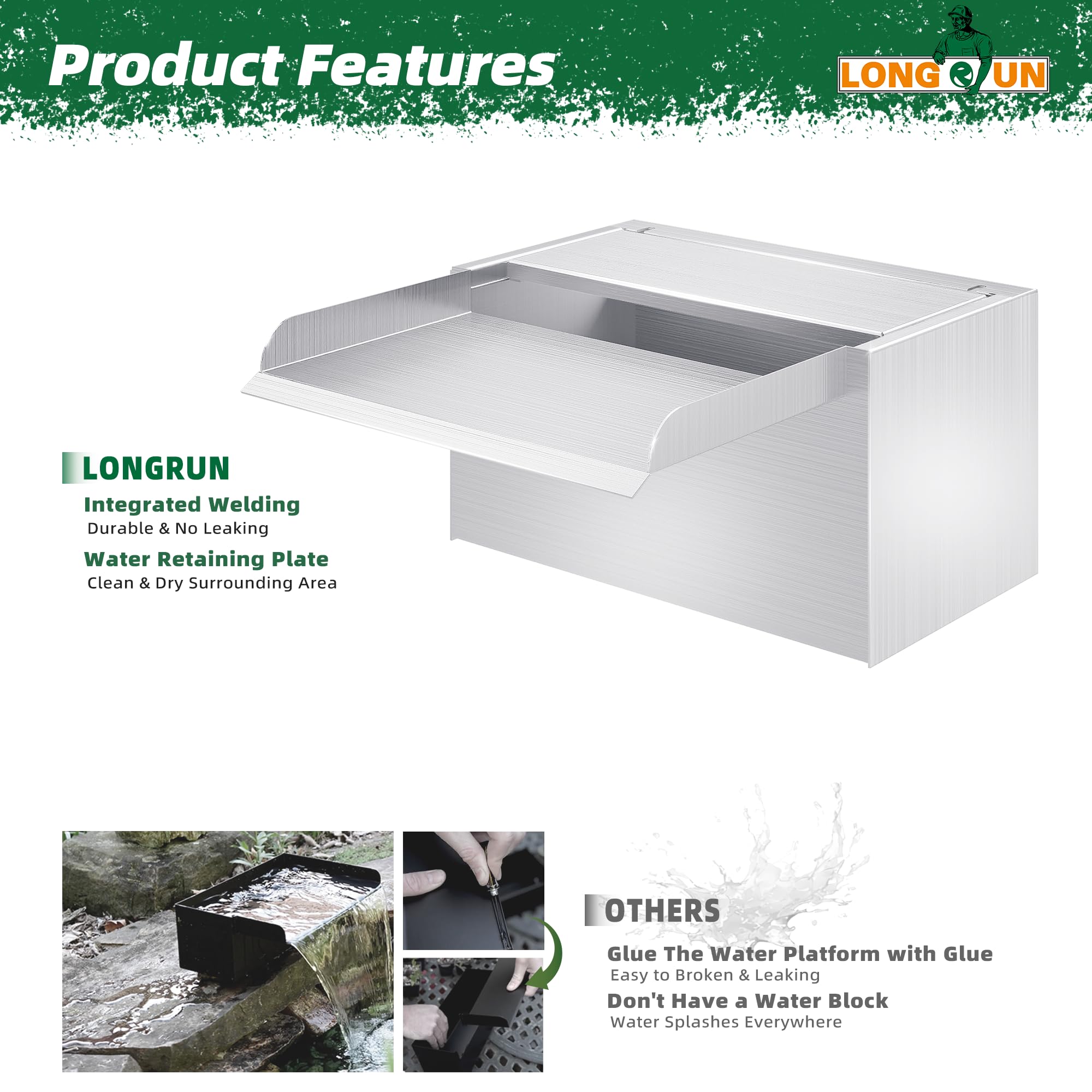 LONGRUN 23cm Teich-Wasserfall,304 Edelstahl Pool-Wasserfall mit Wasserpumpe,7 Farben Bluetooth LED Garten Brunnen