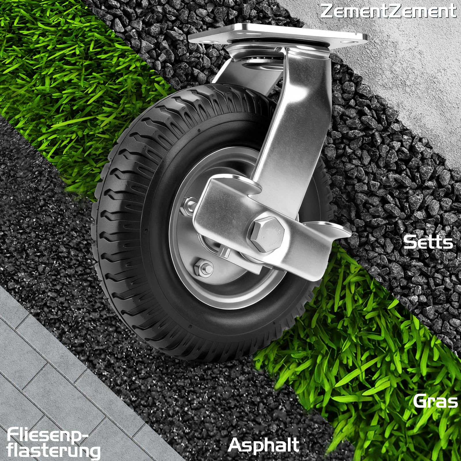 4 pezzi di rotelle girevoli con pneumatici pneumatici con freno Ø 200 x 65 mm, pneumatici silenziosi con ammortizzazione, ruote stabili, rotella di trasporto per carretto e carrello di trasporto Kit