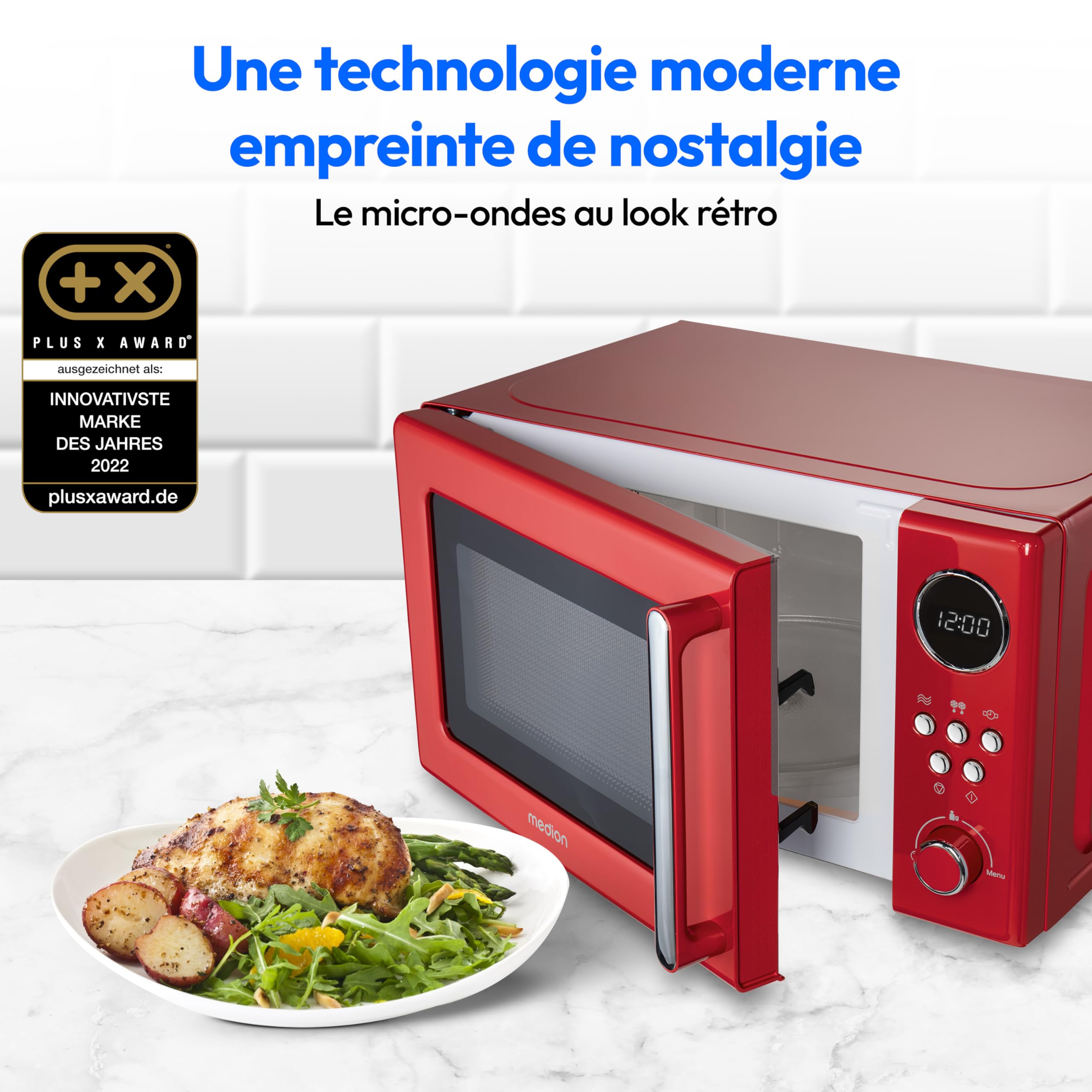 MEDION Micro-ondes rétro (20 litres, env. 800 watts, 5 niveaux de micro-ondes, affichage numérique, fonction décongélation, compact) rouge