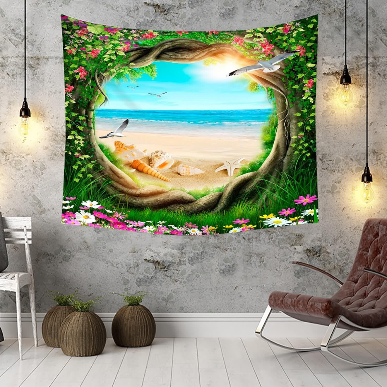Tolldek Dywan ścienny z motywem natury, 350 x 256 cm, muszla plażowa, kwiaty, drzewo, ozdoba na ścianę, zielona, chusta na ścianę, obrus na stół, dekoracja salonu