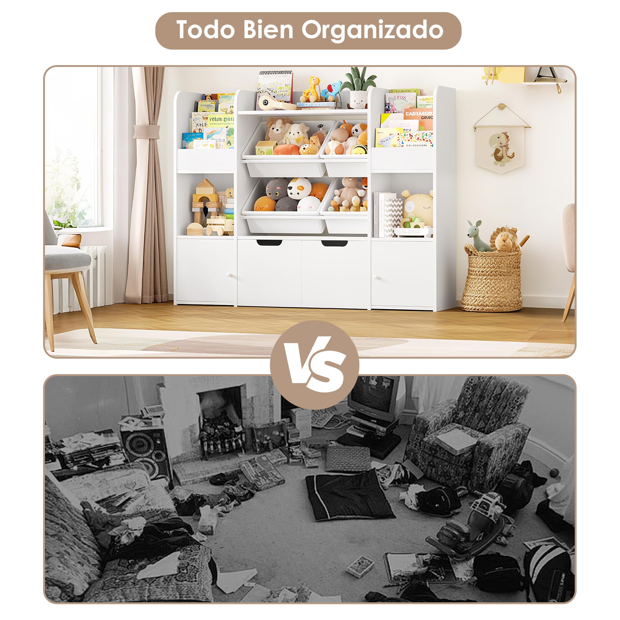 FOREHILL 126cmAn. Estantería Montessori, Librería Infantil de 8 Niveles | Mueble Almacenaje Juguetes 4 Compartimentos, Mueble Juguetes Organizador 2 Cajones con Ruedas, Blanco 126x30x104cm
