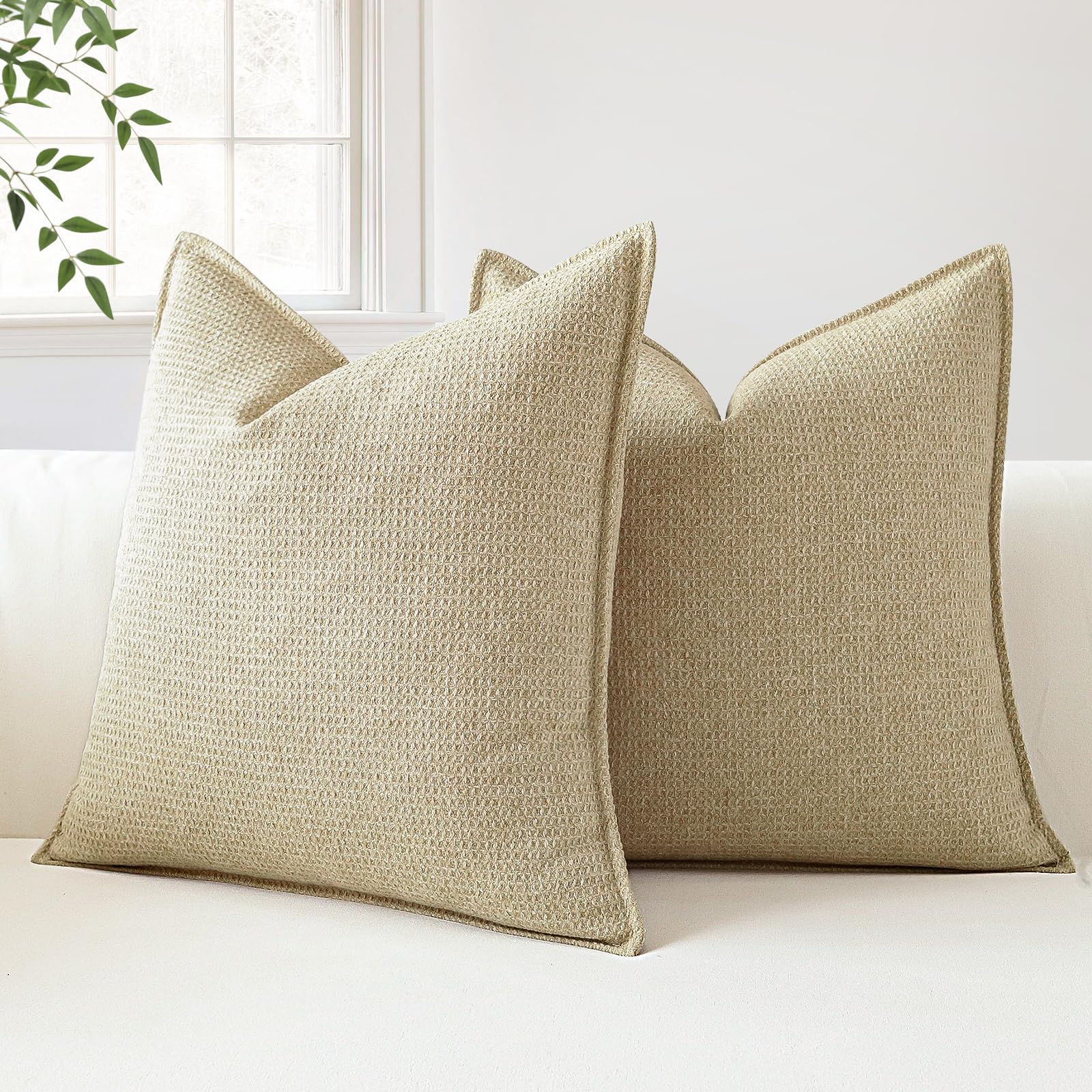 Sungeek Decorative Cushion Covers 40x40cm Set of 2 Soft Plaid Cushion Cases with Stitched Edge Boho Farmhouse Home Decor Throw Pillow Covers for Sofa Couch Patio Bedroom Living Room Light Khaki - Image 4