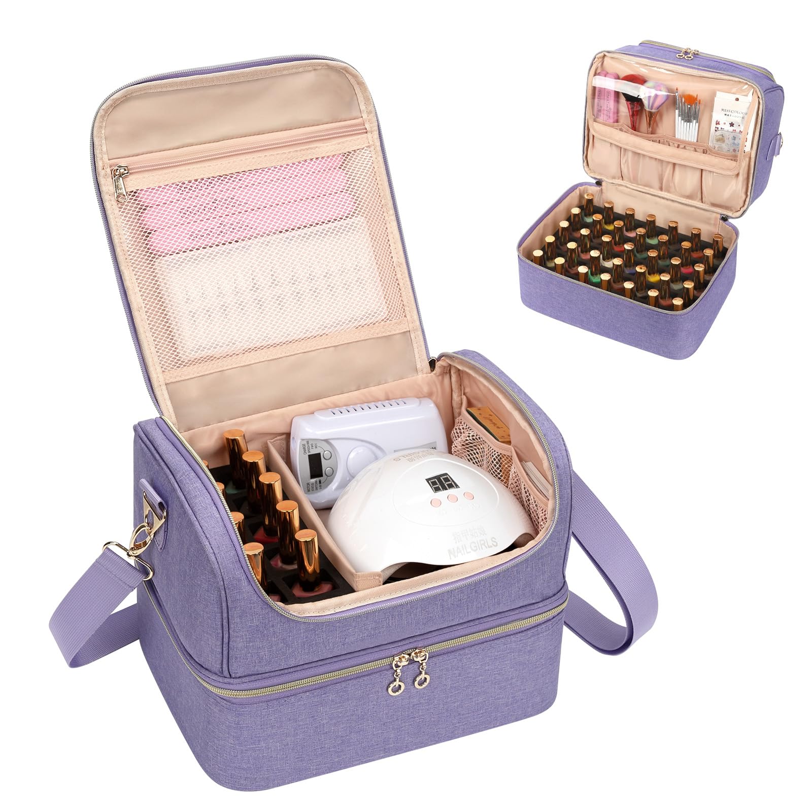 Nagellack-Aufbewahrung, Doppelschicht Nagellack Organizer Tasche, Reise- Nagellack, Aufbewahrungsbox für 45 Flaschen Nagellack und eine Nagellampe, Kosmetikkoffer, Nagelkitbeutel (Lila, 45 Flaschen) Fashion
