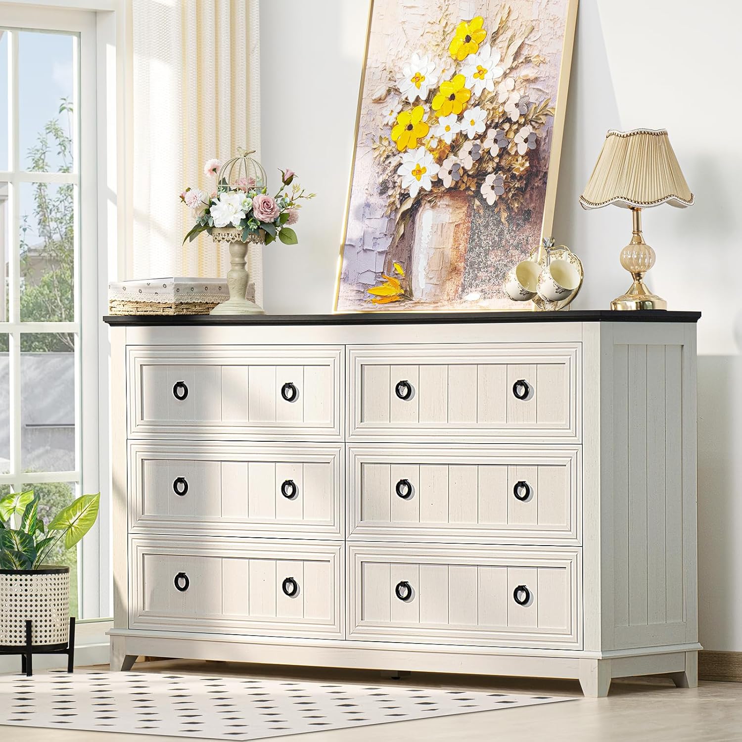Farmhouse Dresser and Nightstand Set - 3 Piece, 54" Wide Dresser and 18" Nightstand Set for Bedroom, Living Room, Hallway