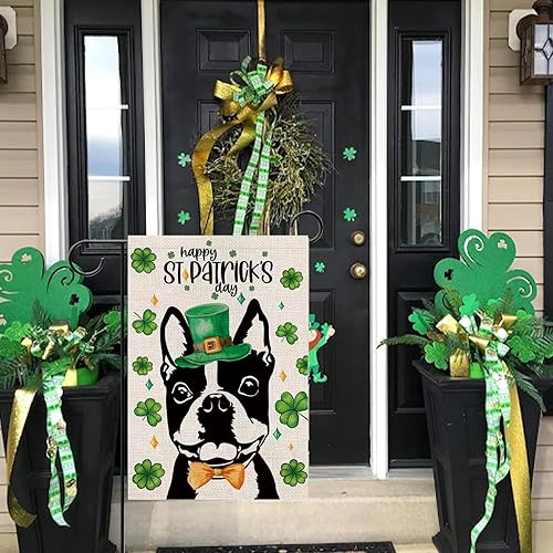 Miniatura 6 de Bandera de jardín del Día de San Patricio Boston Terrier Tréboles para perros, tréboles verticales de doble cara para decoración de patio al aire