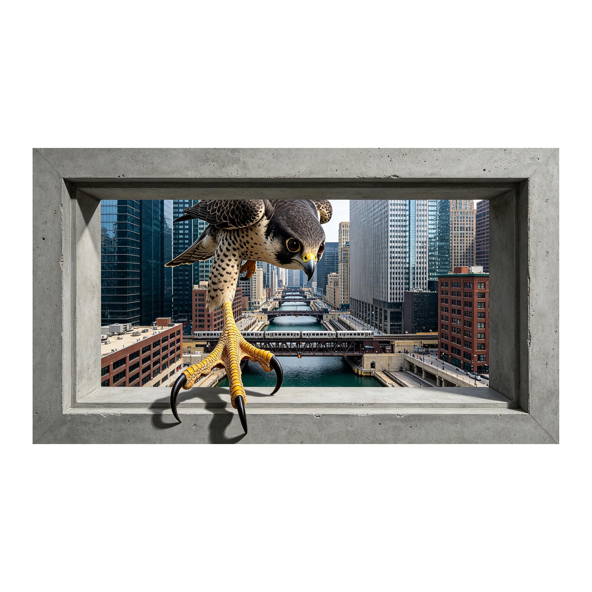 Yzpallescene 3D Framed Wall Art 50cm×100cm Peregrine Falcon Urban Cityscape Window View Trompe L'oeil Large Size SelfAdhesive Removable Wall Decor Prints Artwork for Living Room Bedroom Office