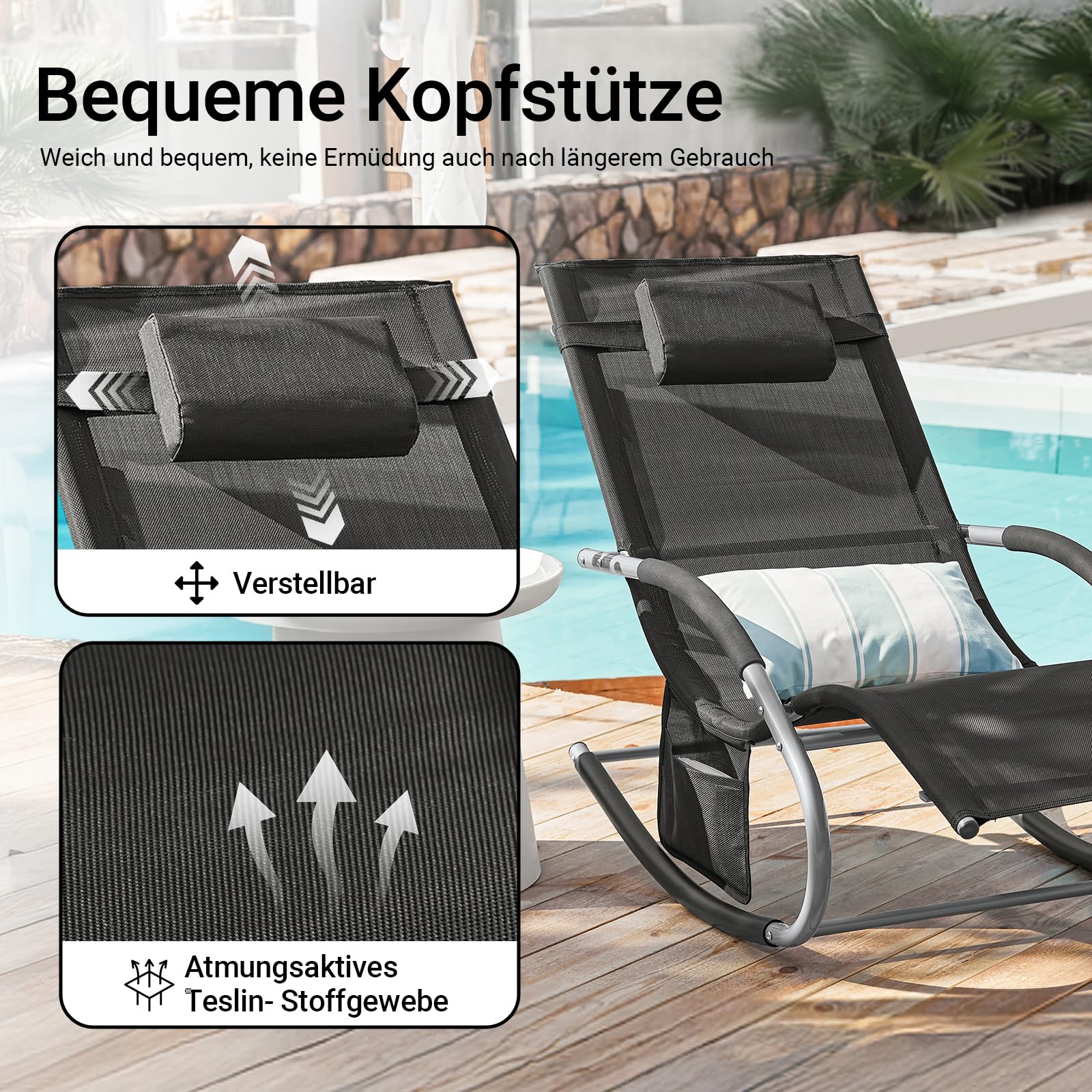 SoBuy 2er-Set Gartenliegen mit Kopfkissen 150x87x63cm Belastbar bis 150kg | 2er-Set Sonnenliegen mit Seitentasche, Stabilem Metallgestell, Outdoor Liegestuhl Atmungsaktivem Bezug, Schwarz OGS28-SCHx2