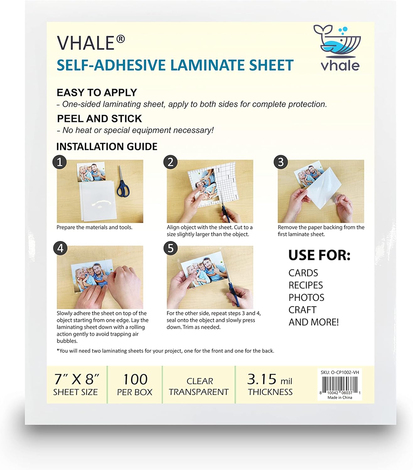 VHALE Glossy Clear Self-adhesive Overlay Laminating Sheet Contact Papers, 7 X 8 Inches, Single-sided, for Protect and Preserve Paper Art Craft Document Photo, 3.15 Mil, Pack of 100