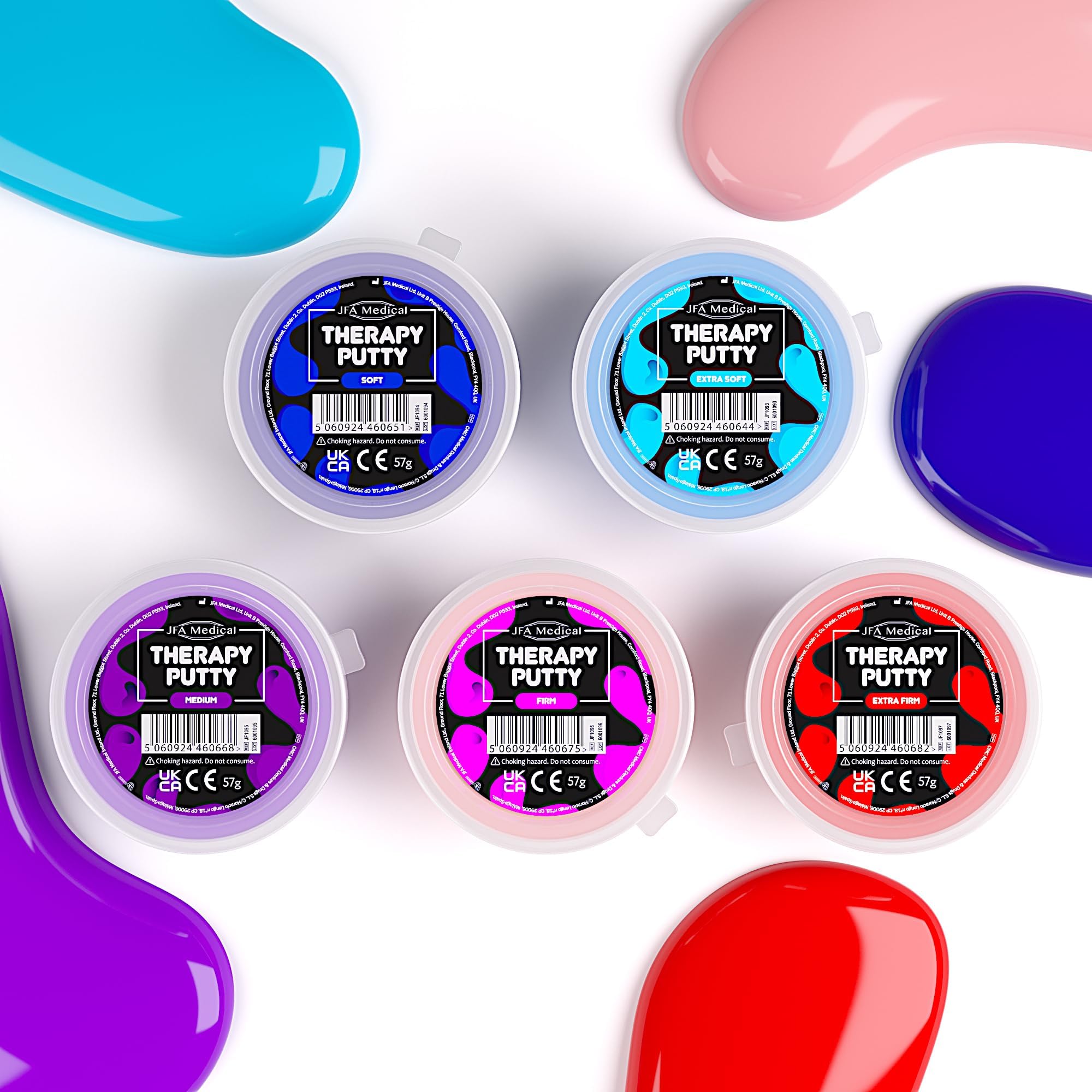 Lot de 5 pâtes thérapeutiques pour exercices de la main, 5 résistances et couleurs différentes – extra souple, souple, moyenne, ferme, extra ferme, pots de 57 g