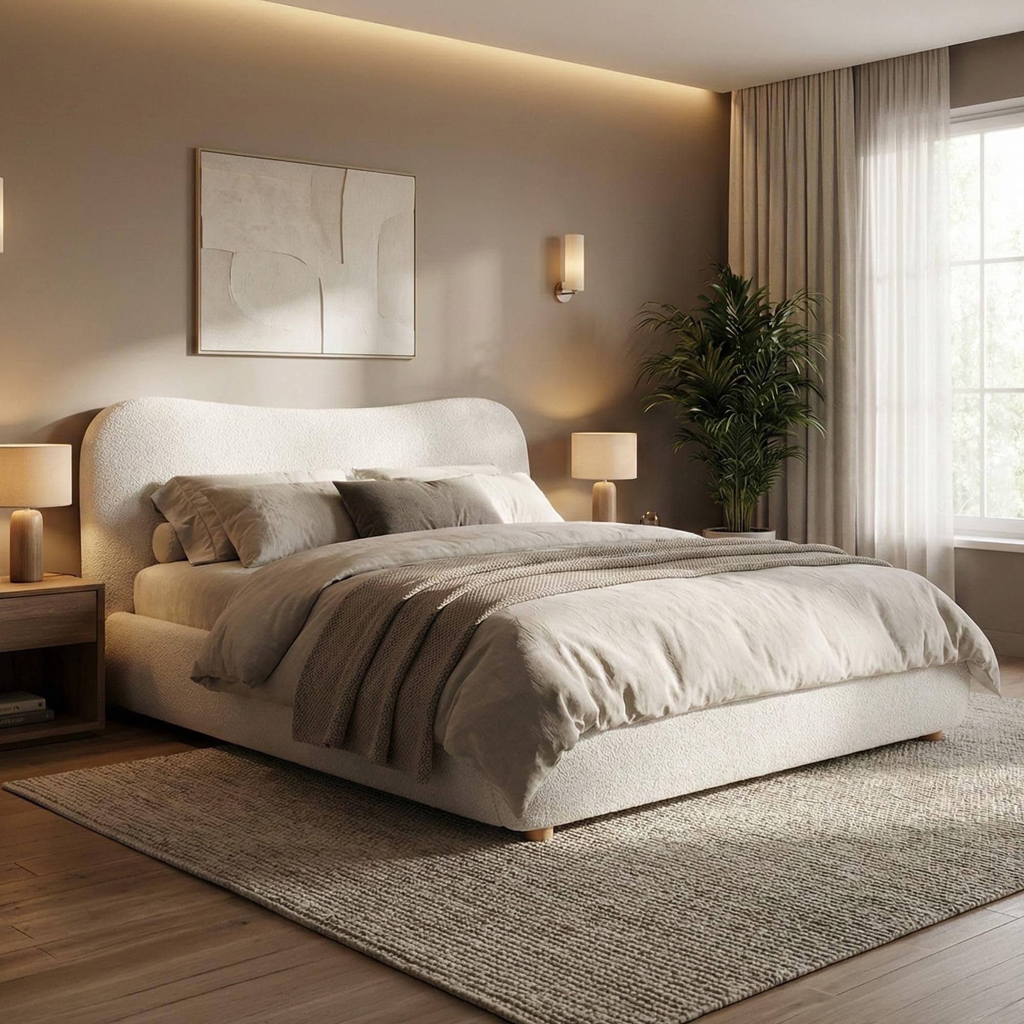 CLP Letto imbottito con contenitore Maido, struttura per materassi, rete con meccanismo di sollevamento, letto matrimoniale in tessuto Teddy, Colore:crema, Dimensione:160x200 cm