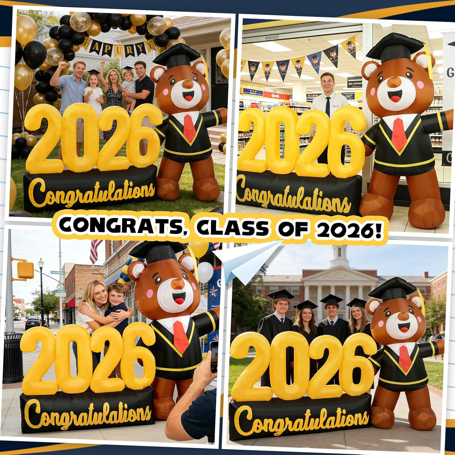 2026 Inflatable Grad Letters Giant Bear 7ft Graduation Decorations 2026 Blow Up Congrats Grad Yard Sign, Bright Lighted Outdoor Lawn Graduation Party Decoration & School Event
