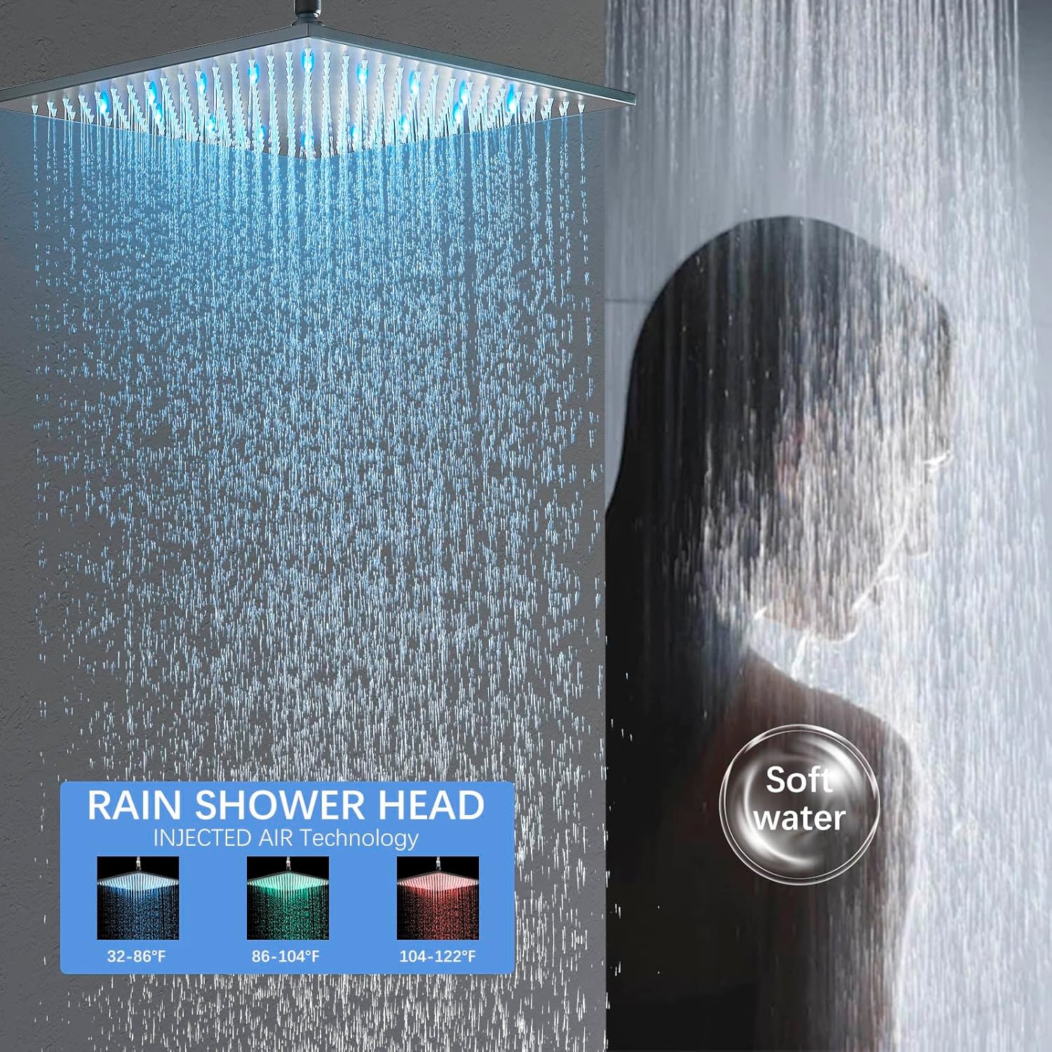 8 Inch Rainfall Shower Faucet with 6 Full Body Shower Jet Fixtures Combo Shower System Set with Rain Mixer Shower Head and Handheld Showerhead Ceiling Mounted LED Shower System，Matte Black