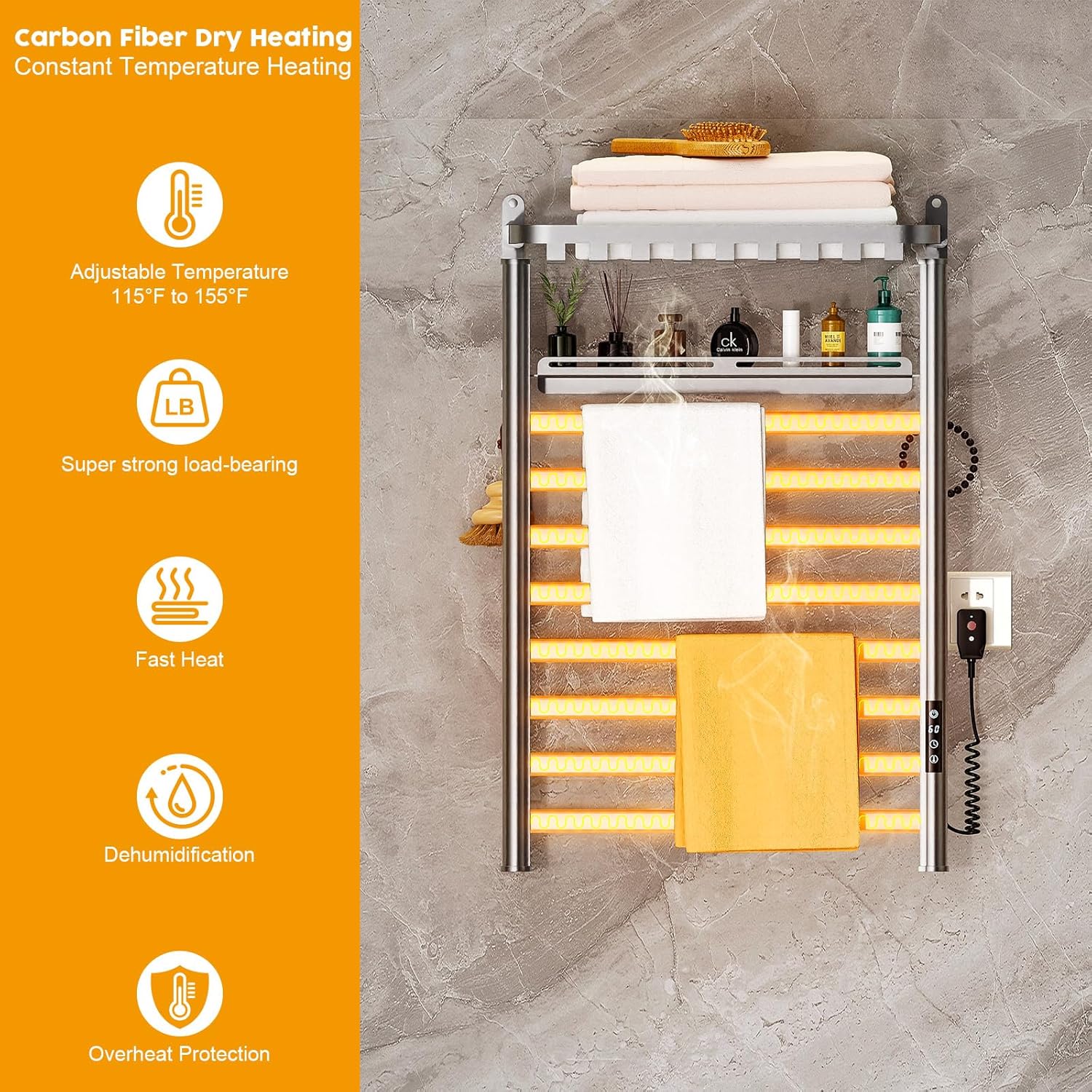 Towel Warmer, Waterproof Aluminum Towel Warmer for Bathroom -12 Bars Wall Mounted Towel Heater with Intelligent Touch Screen Timer,Support Plug-in and Hardwired (Grey, 8-Rod Heating)