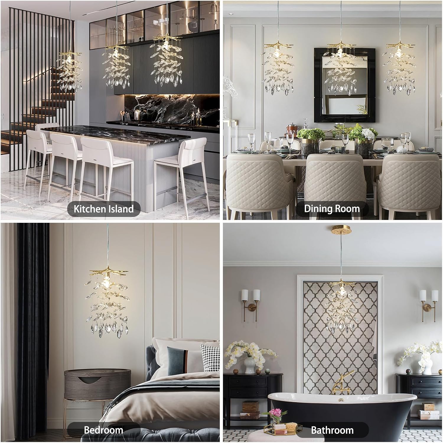 YUYI 8.3" Crystal Pendant Light for Kitchen Island, Modern Gold Tree Branch Chandeliers, Luxury Round Raindrop Chandelier Pendant Lights Fixture for Dining Room, Living Room, Bedroom, Foyer, Entryway