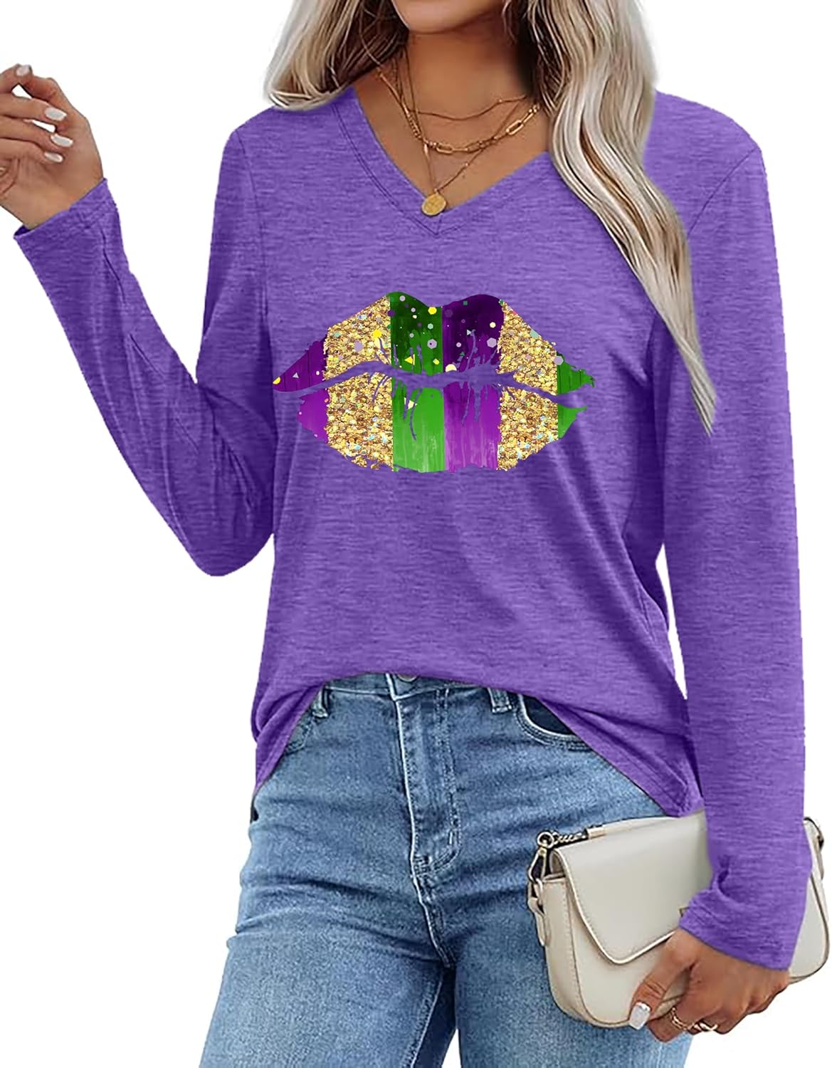 Mardi Gras Shirts Women: Fat Tuesday Shirt Carnival Mask Graphic Tee New Orleans Party Long Sleeve V Neck Top - Image 5
