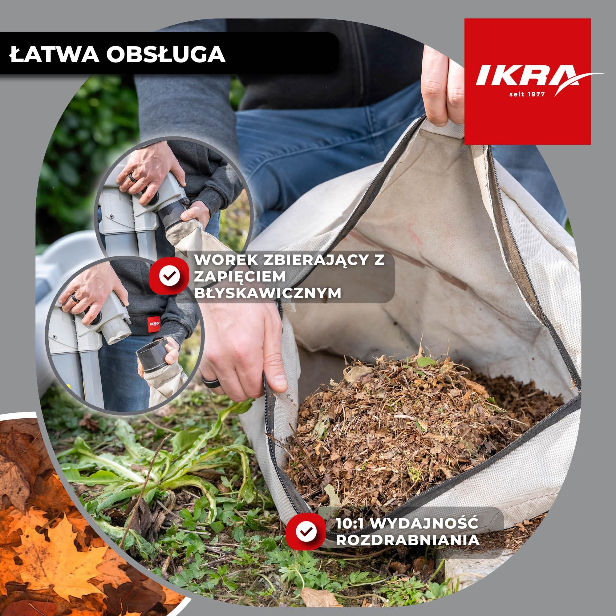 IKRA Odkurzacz i dmuchawa do liści elektryczna IBV 3000 3w1, 3000W 240 km/h | Regulacja prędkości, łatwa zmiana między dmuchawą a odkurzaczem, worek 45 l, kompresja liści 10:1 dla rzadszego opróżniania