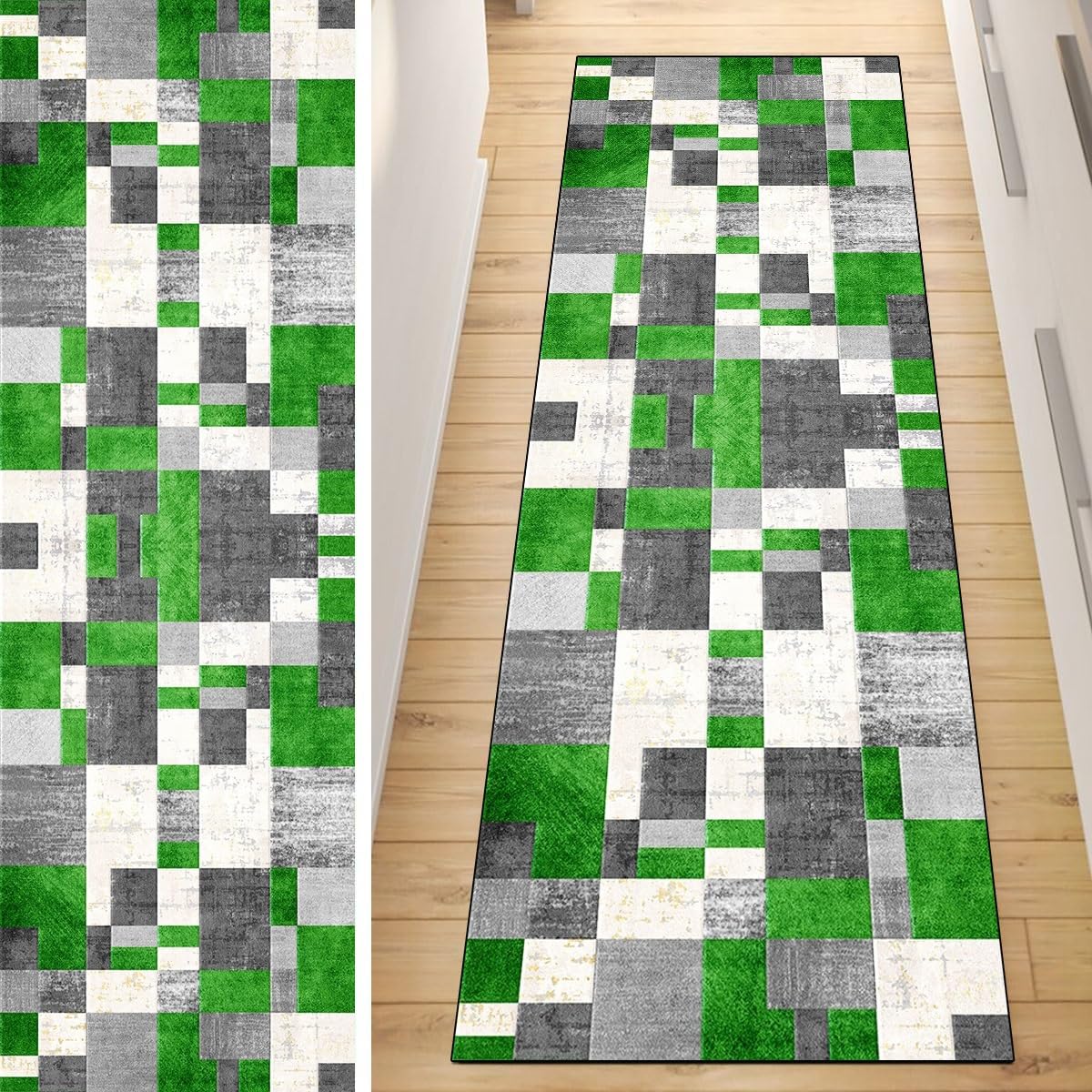 Alfombra de pasillo antideslizante de retazos verdes 100x260 cm lavable y segura