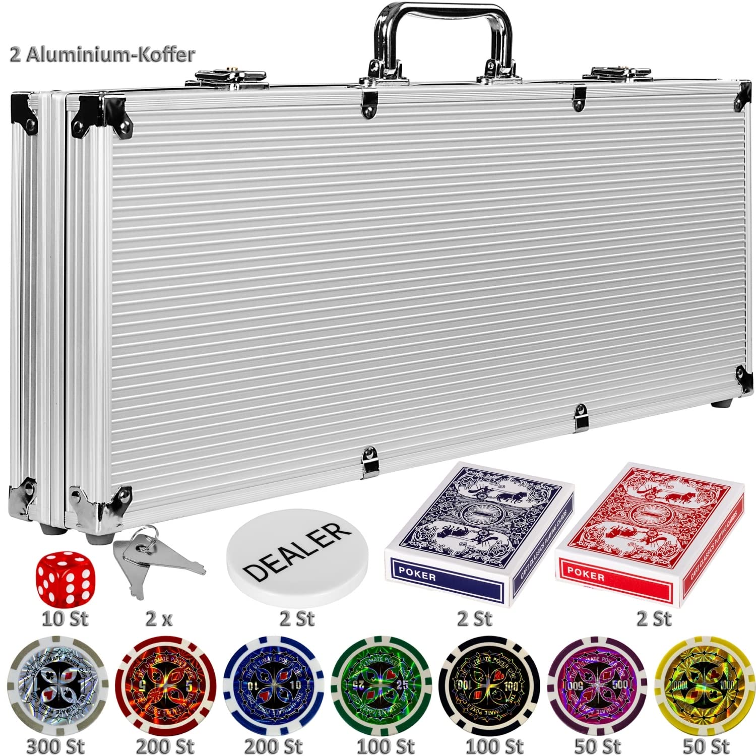 GAMES PLANET Pokerset mit 1000 Laserchips, 2 Pokerkoffer, Silver