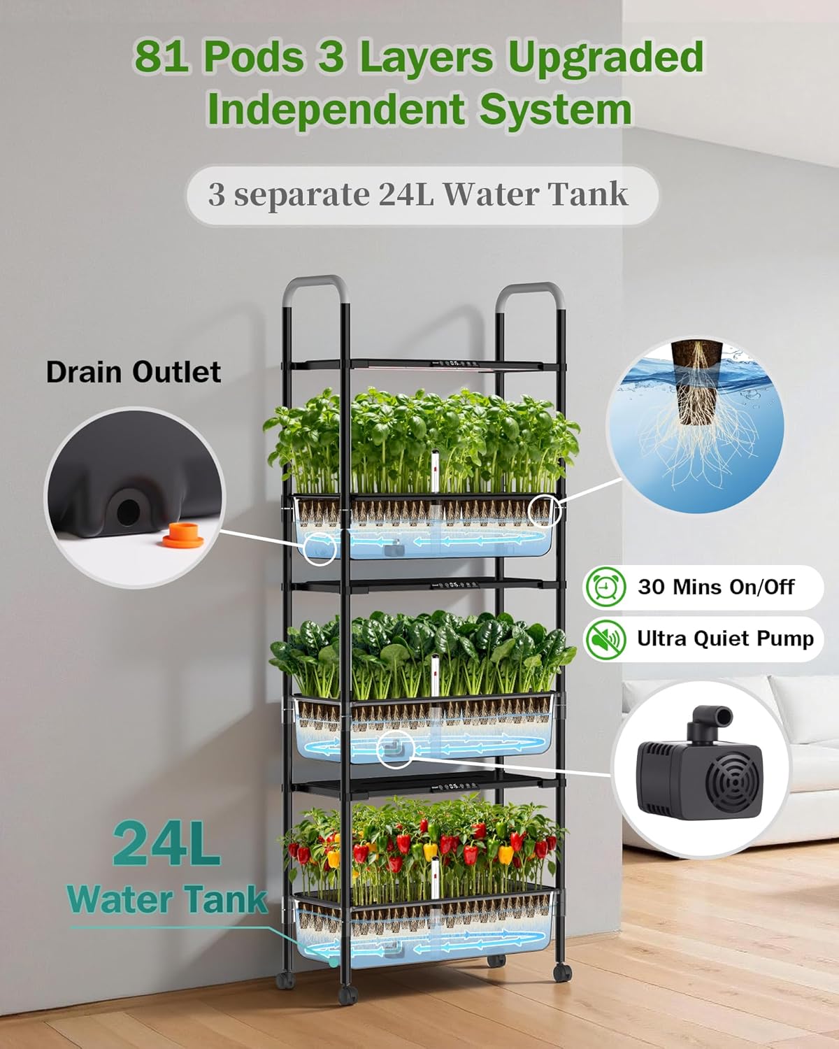 Growell Large Hydroponics Growing System Kit, Vertical Indoor Herb Garden Kit with LED Grow Light & Independent Water Pump, 42L Movable Indoor Planter Perfect Gardening Gifts (3 Tier-81 Pods, Black)