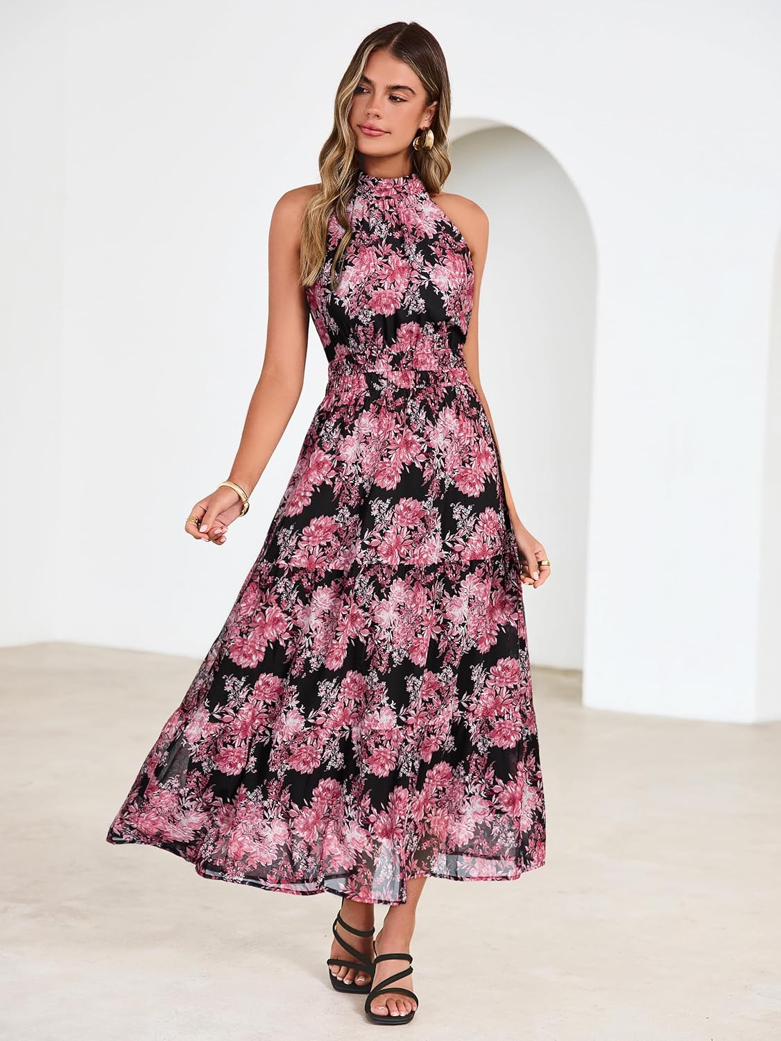 Simplee Womens Summer Halter Wedding Guest Dress Maxi Floral Vacation Boho Sundresses Flowy Formal Long Travel Dresses 2026 - Image 4