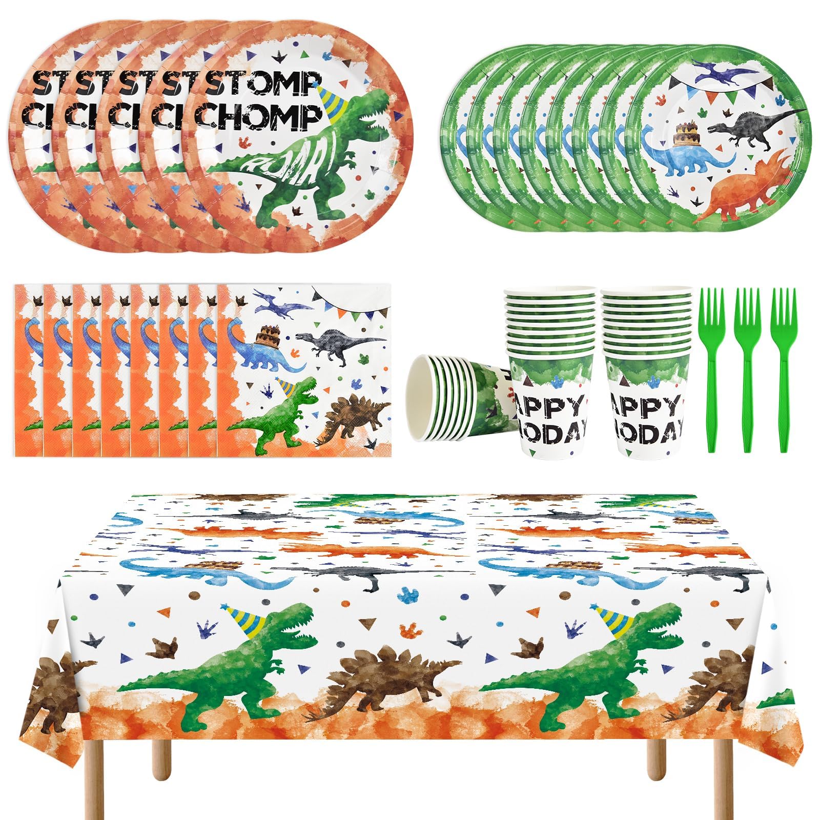 WERNNSAI Dinosaur Party Decorations - 130 PCS Watercolor Dinosaur Party Supplies Dino Plates and Napkins for Birthday Plates Napkins Tablecloth Cups Cutlery Bag Utensils Serves 16 Guests
