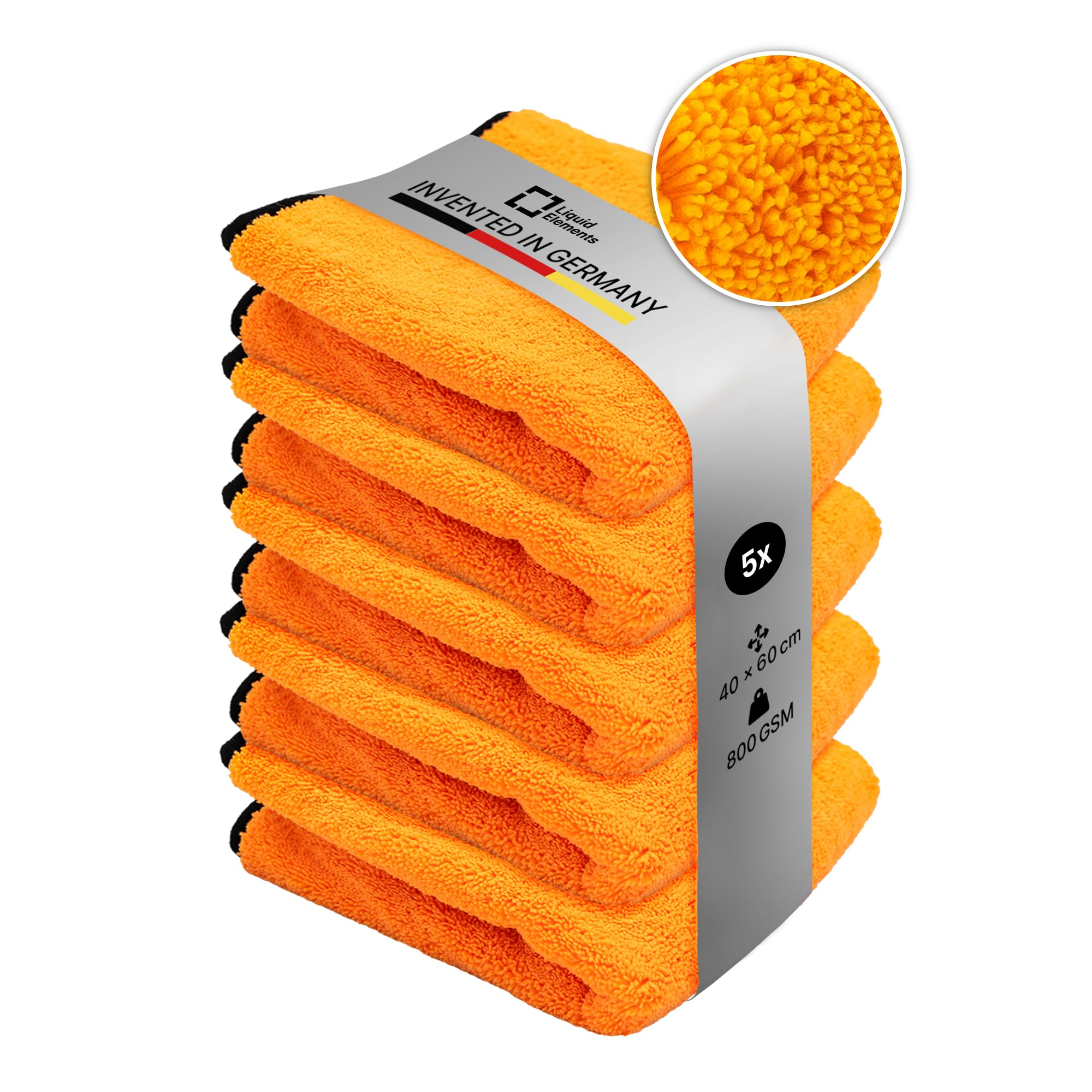 Liquid Elements – Auto Trockentuch Orange Baby 800 GSM 40 x 60 cm – weiches Mikrofasertuch zur Autopflege – extrem saugstark, fusselfrei & lackschonend (5 Stück)