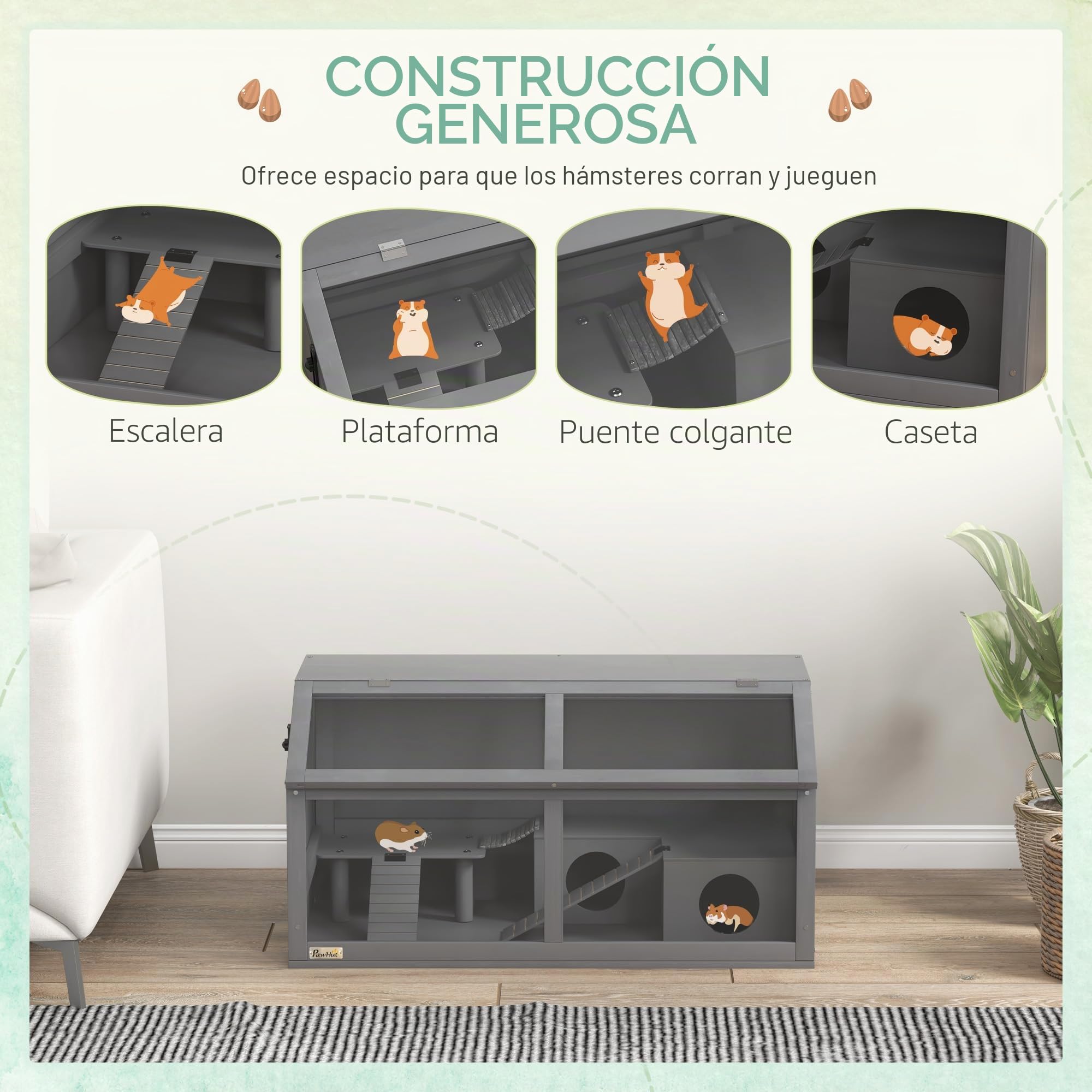 PawHut jaula de madera para hámsters jaula para animales pequeños, con puente colgante, escaleras, caseta, 85 x 45 x 44 cm para roedores con puerta superior, para hámsters enanos, gris oscuro