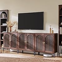 92.63" Mid-Century Modern TV Stand for 80-85" TVs | Wood Entertainment Center with Arched Fluted Doors & Adjustable Shelves, Brown