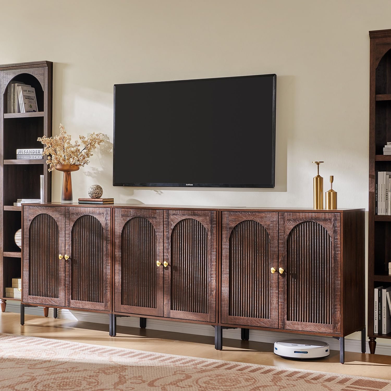 IFGET Modern TV Stands for 80 Inch TVs, 92.63" W Wood Entertainment Center w/Adjustable Shelves, Mid Century Modern TV Stand w/Arched Fluted Doors, Media Console Cabinet for Living Room, Brown
