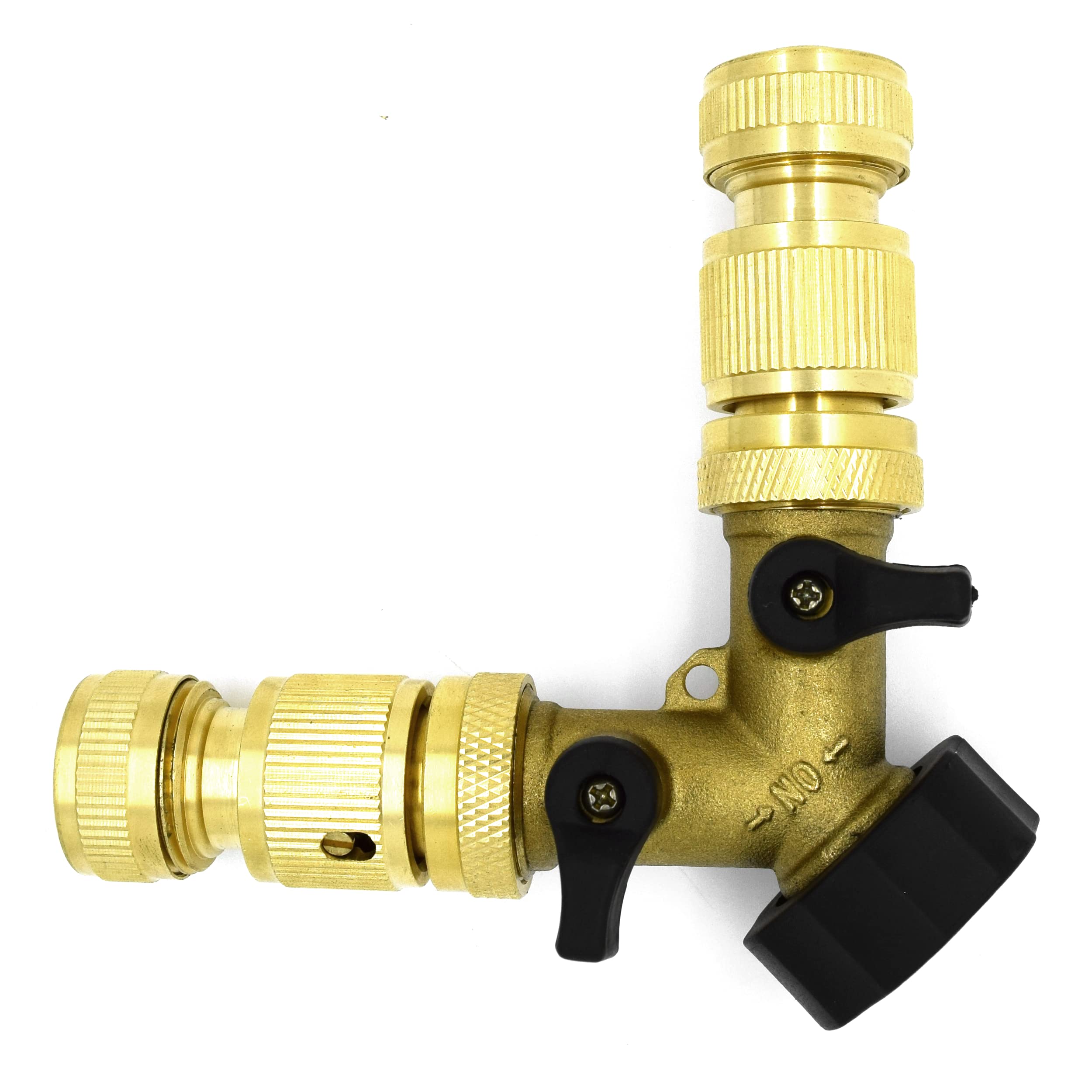 2 Way Garden Tap Connector, Brass Garden Hose Tap Y Splitter Connector with Individual On/Off Valves and 2 Matching Quick Hose End Connectors