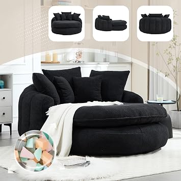 KEIKI 71 Chenille Round Boneless Sofa Couch, Oversized Chaise Lounge Chair Couches Indoor, No Assembly Required Floor Lazy Bean Bag, Modern Sleeper Sofa Bed for Living Guest Room & Bedroom, Black