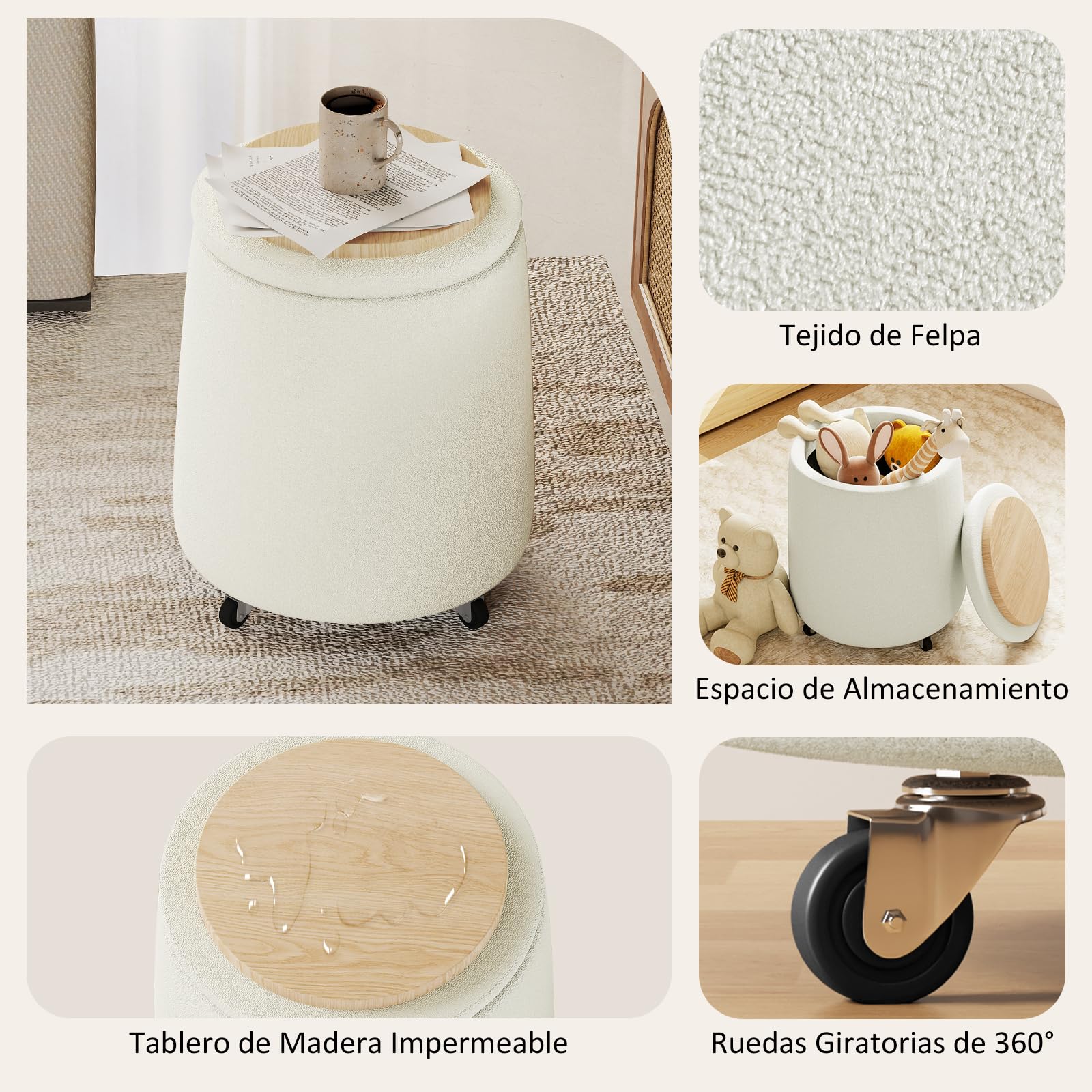 Hellove Puff Almacenaje Bouclé, Redondo Taburete Baúl con Tapa Reversible, Asiento Acolchado, Silla de Maquillaje con Ruedas Ø37 x 45cm para Salón, Dormitorio y Pasillo, Blanco Crema