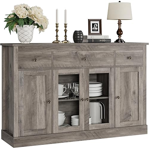 HOSTACK Sideboard Buffet Cabinet with Storage, 55" Large Kitchen Buffet Storage Cabinet with Drawers | Glass Doors, Modern Farmhouse Coffee Bar Cabinet, Wood Buffet Table Dining Room Cabinet, Ash Grey