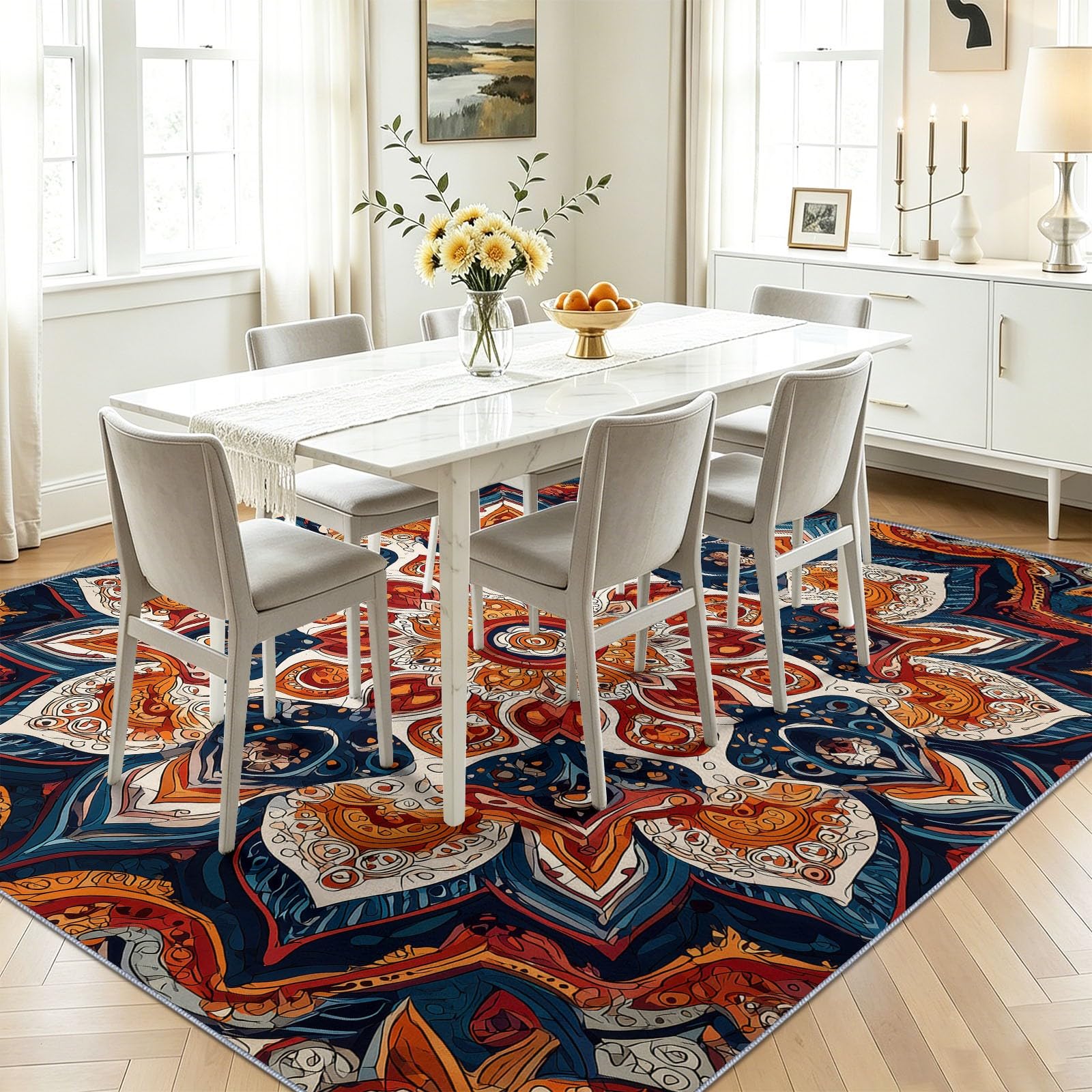 Tapis Doux Ethnique Bohème 180x240 cm, Bleu Marine Foncé Tapis Salon Chambre Cuisine Salle à Manger Bureau Salle de Bain, Géométrique Fleurs Mandala Lavable Doux Poils Courts Antidérapant Rug
