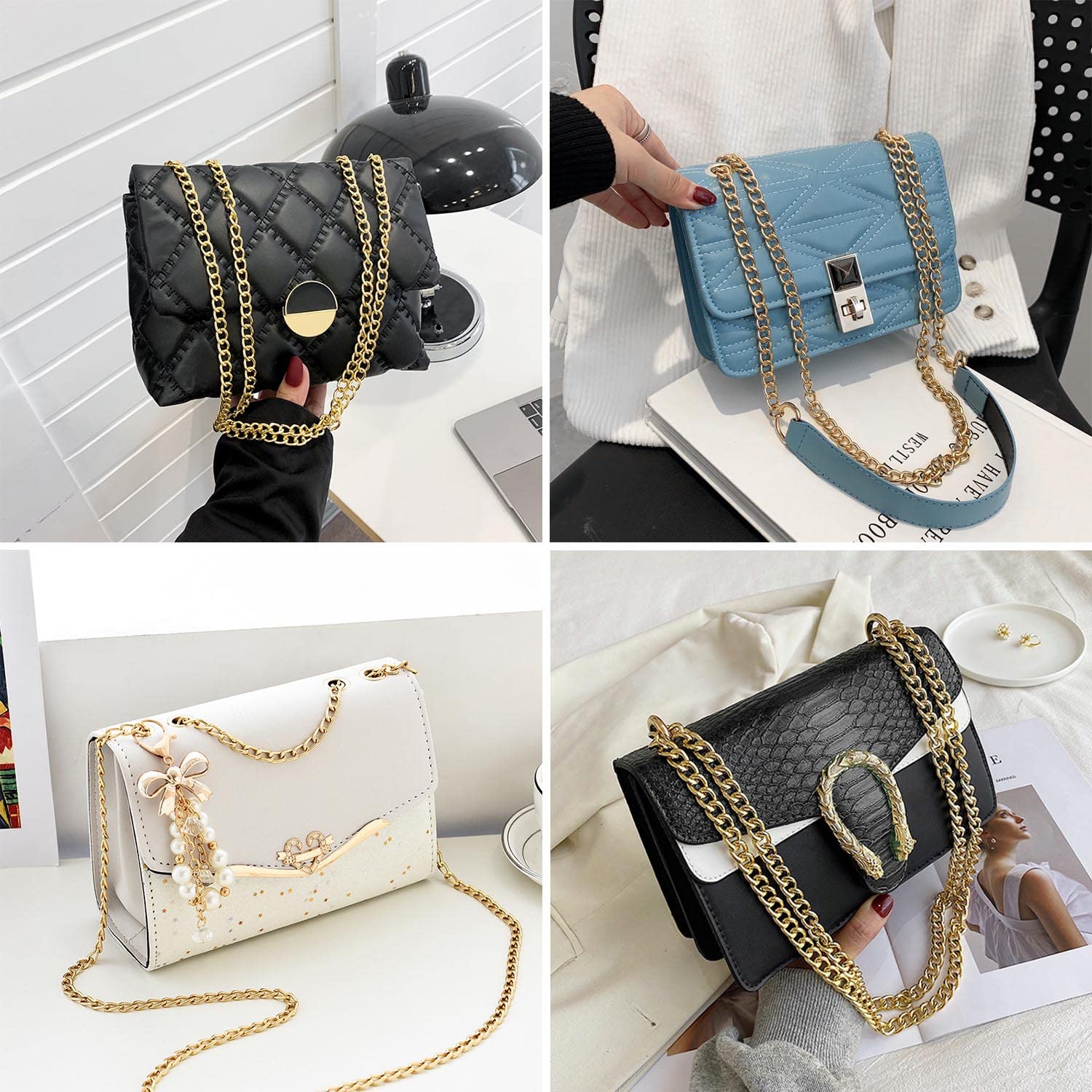 Hossom Tasketting, 4 stuks, metalen ketting, draagriemen 30 cm, 60 cm, 100 cm, 120 cm, ketting voor tas, platte kettingriem, handtassenriem, voor tassen, schoudertas