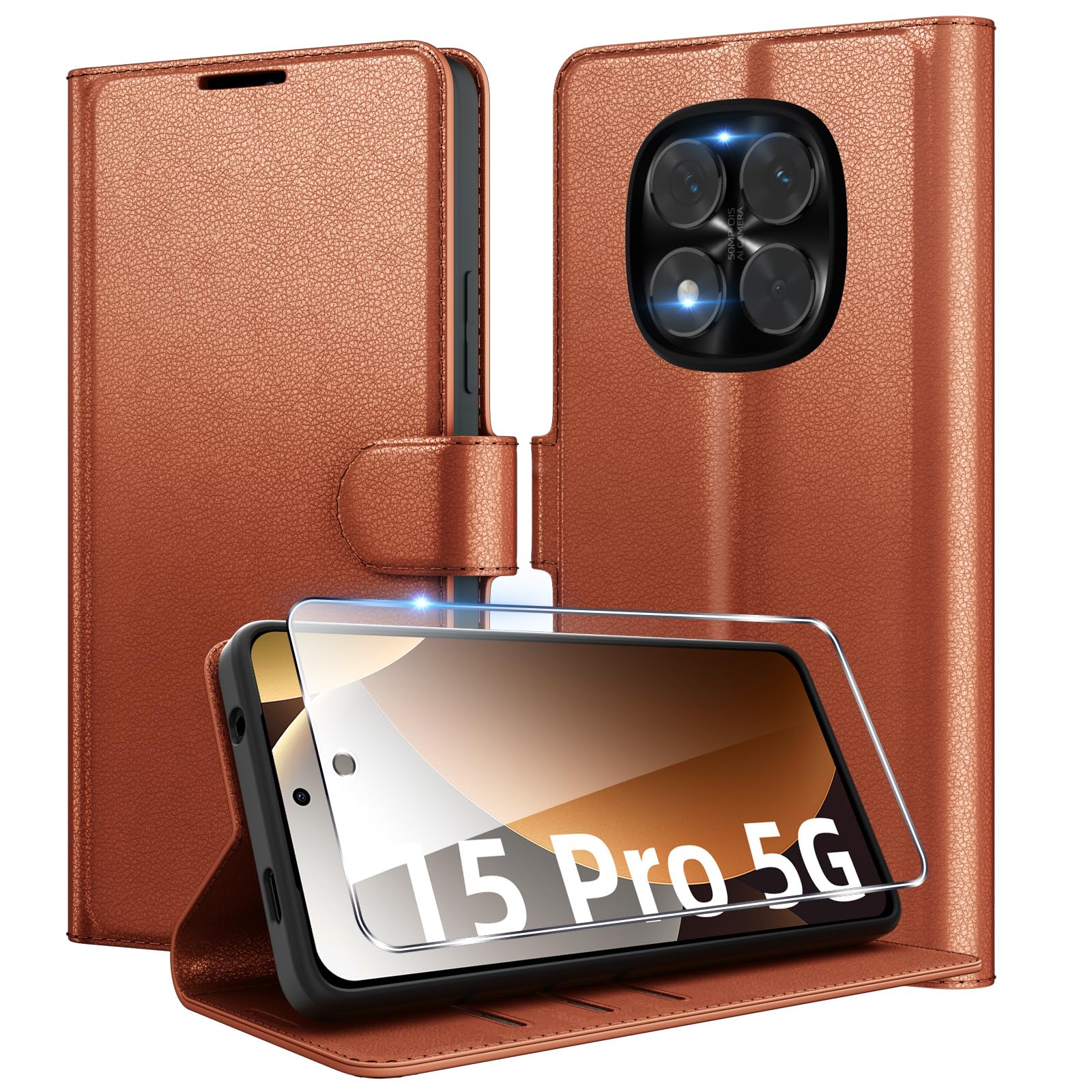 Eirltiy Cover per Xiaomi Redmi Note 15 Pro 5G Portafoglio Pelle PU Premium, Custodia Scomparti Carte Antiurto Protettiva Case con 1 Vetro Temperato, Marrone