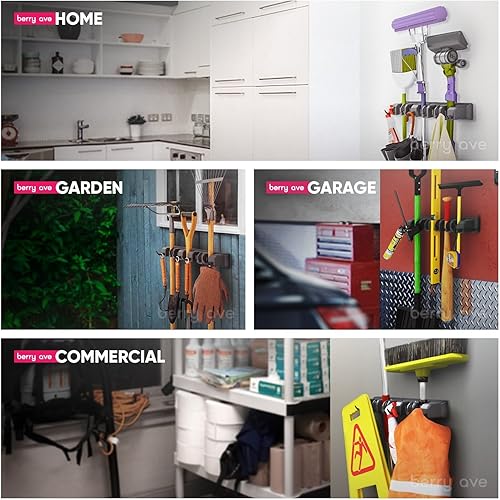 Miniatura 57 de Berry Ave - Soporte para escobas y herramientas de jardín, montaje en pared, lavandería, cocina, armario, cobertizo o garaje, 5 ranuras y 6 ganchos