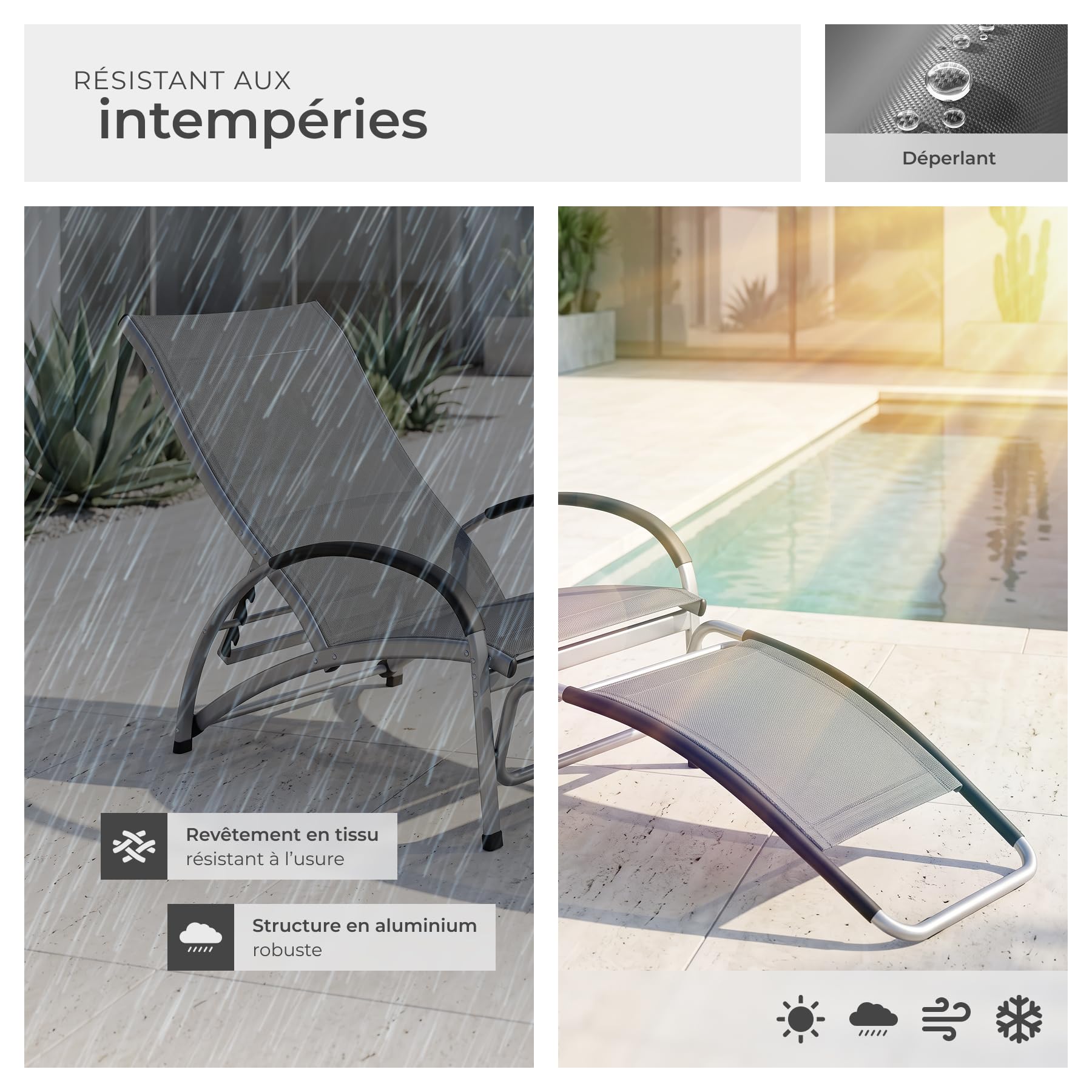 tectake® Chaise Longue inclinable 2en1 avec Repose Pied & Fonction de Bascule, Bain de Soleil en textilène Respirant, Transat Jardin Exterieur Relax Camping Salon de Jardin Exterieur