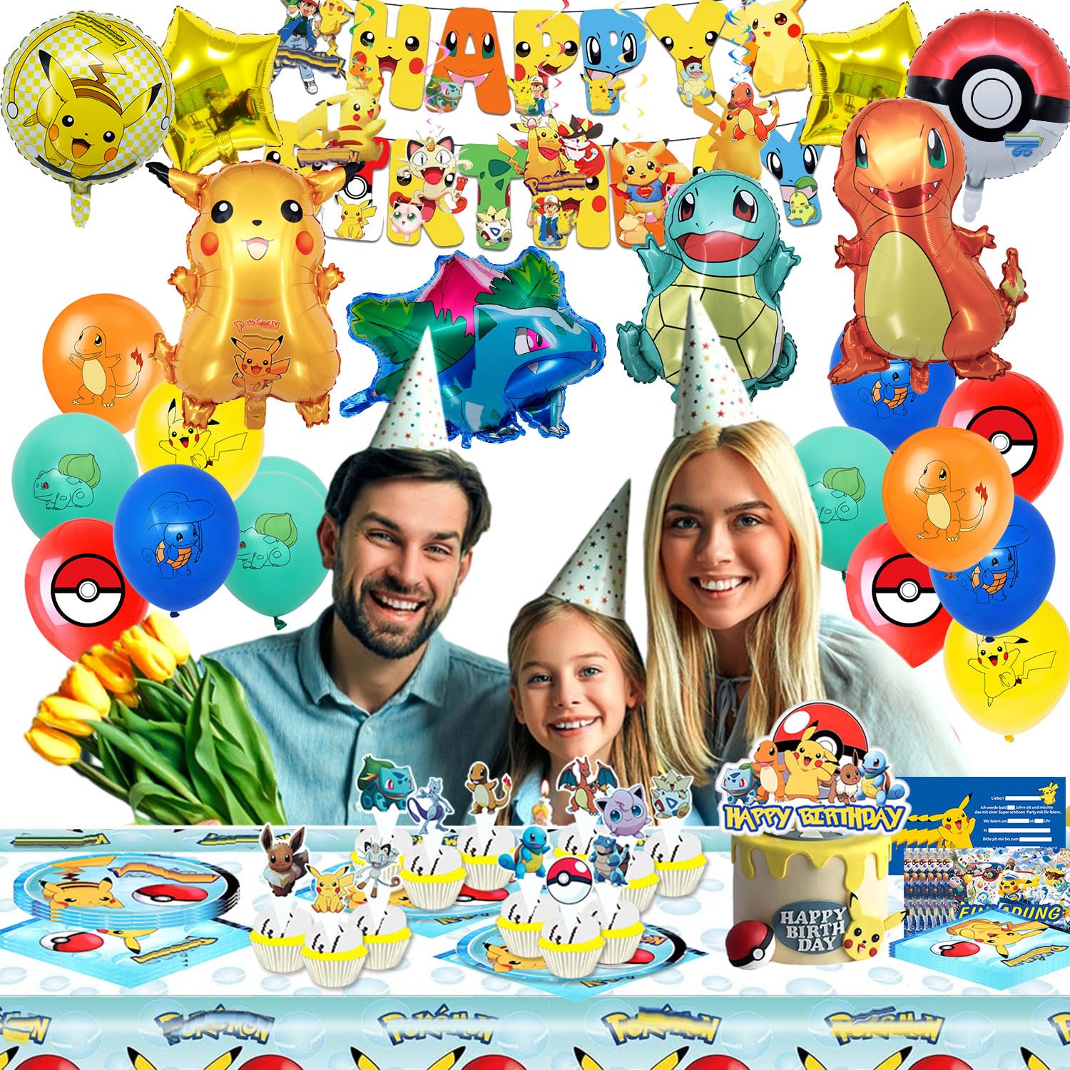 100 Service de vaisselle pour fête d'anniversaire d'enfants, Inclure bannière, Nappe, Tatouages ​​temporaires, Ballons, Assiette carton, Serviette papier, Carte d'invitation, Décoration de gâteaux